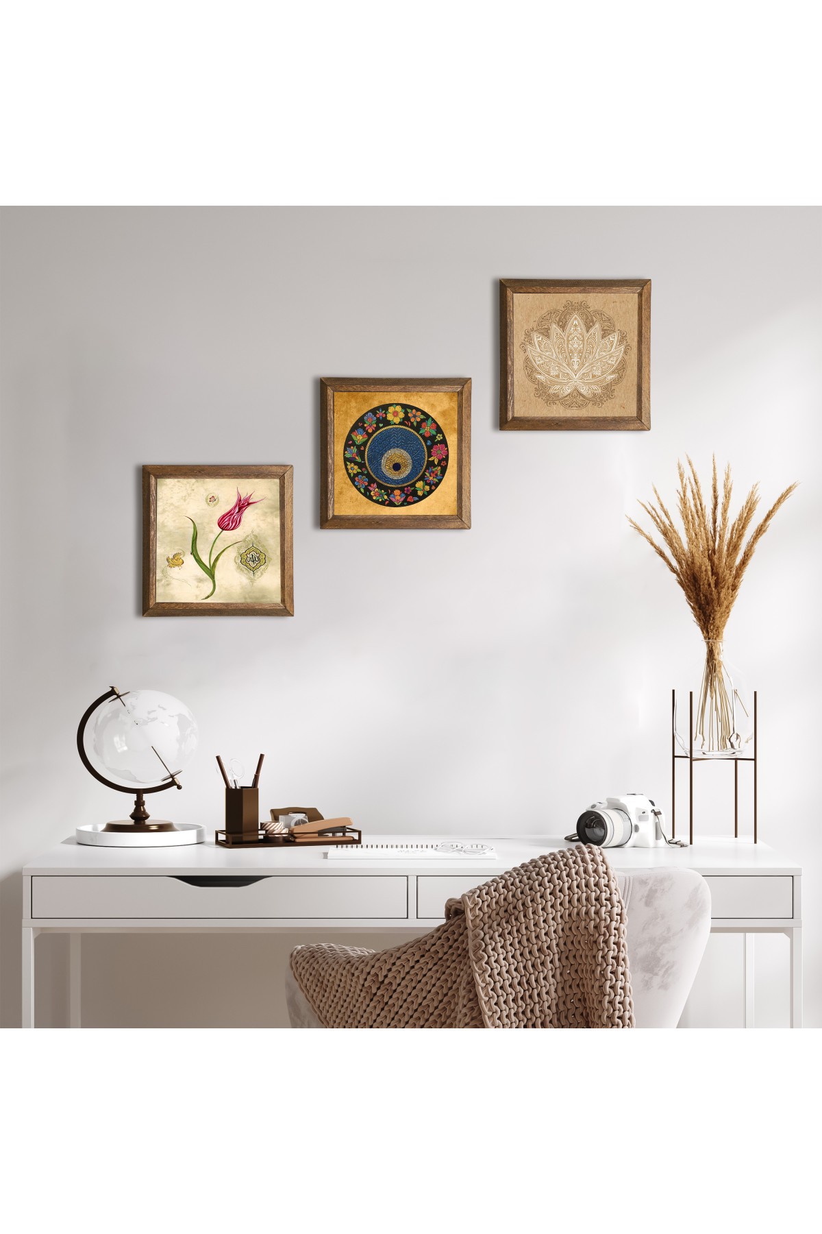 Lotus Çiçeği, Lale Ebru Sanatı, Nazar Taş Duvar Tablosu Ahşap Çerçeveli Duvar Dekoru 3 Parça Tablo Seti Wall Art