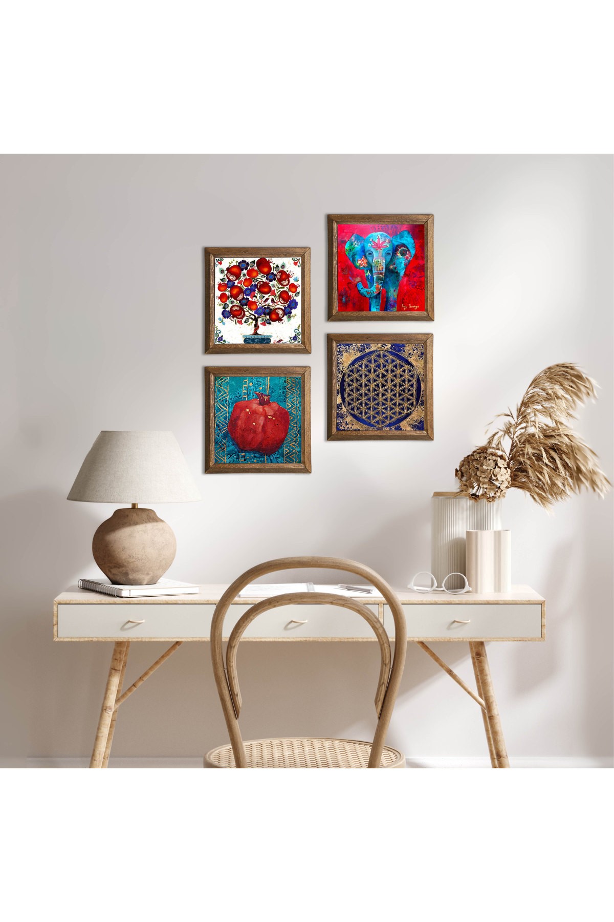 Elephant, Flower of Life, Pomegranate Tree, Pomegranate Stone Wall Painting Wooden Framed Wall Decor 4 Piece Painting Set Wall Art