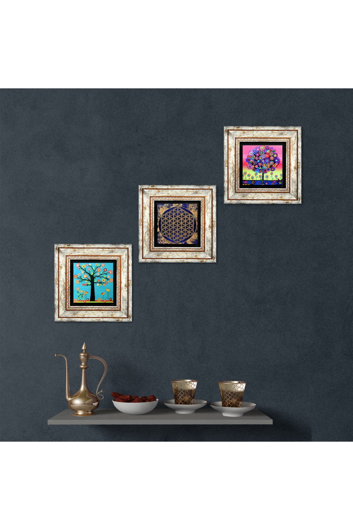 Flower of Life, Karla Gerard Tree of Life Stone Wall Painting Framed Wall Decor 3 Piece Painting Set Wall Art