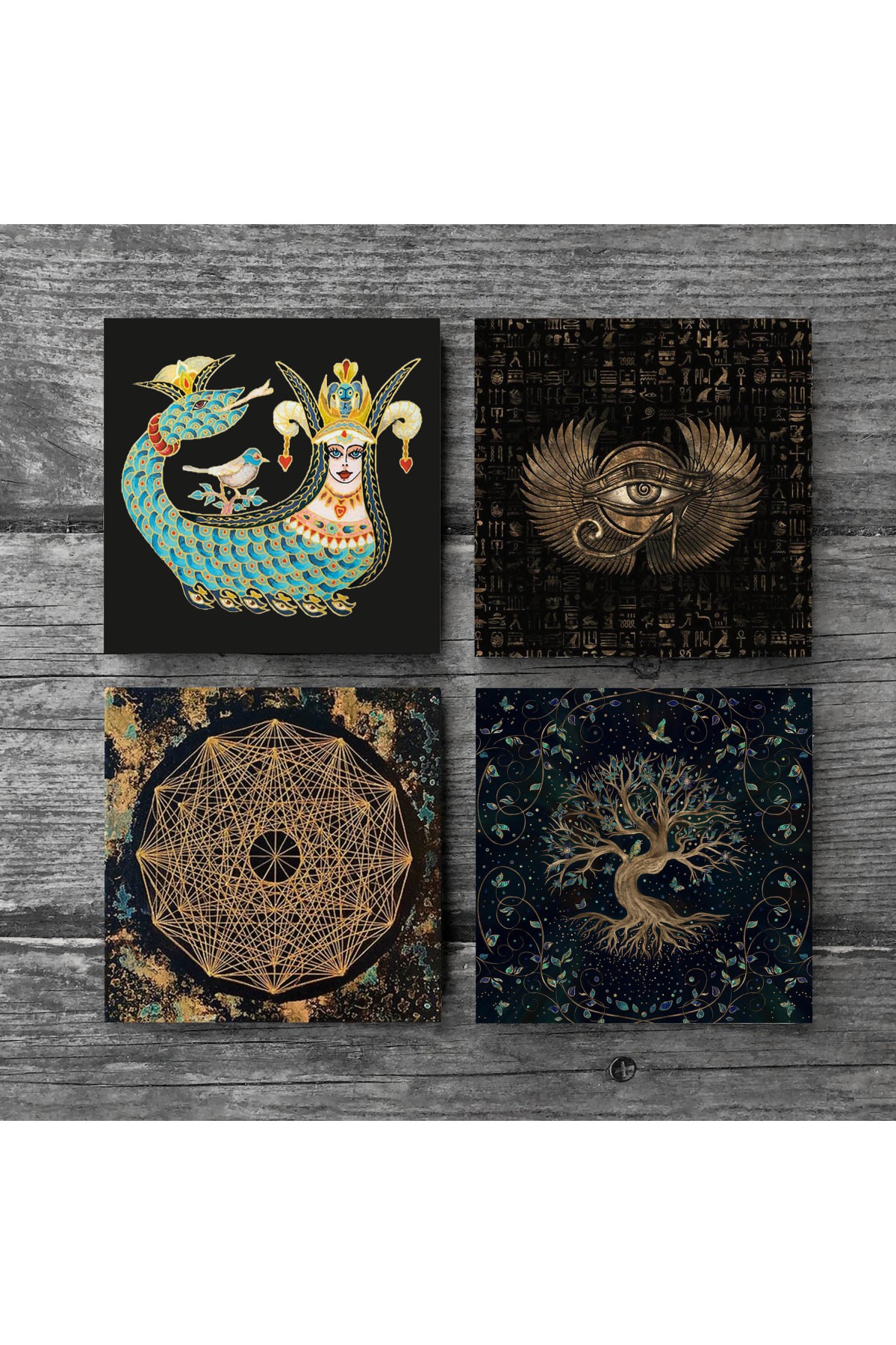 Eye of Horus, Sri Yantra, Tree of Life, Shahmaran Stone Coasters Desktop Protective Coasters 4 Piece Set 10x10cm Stone Coasters