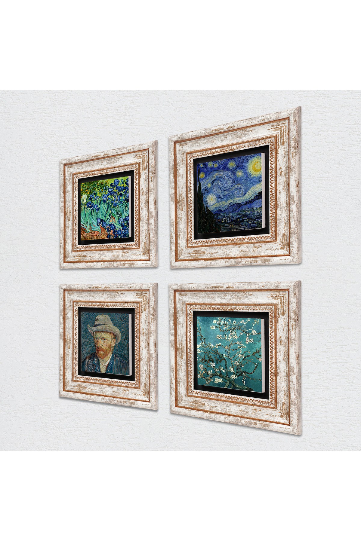 Van Gogh Yıldızlı Gece, Badem Ağacı, İrisler, Otoportre Taş Duvar Tablosu Çerçeveli Duvar Dekoru 4 Parça Tablo Seti Wall Art