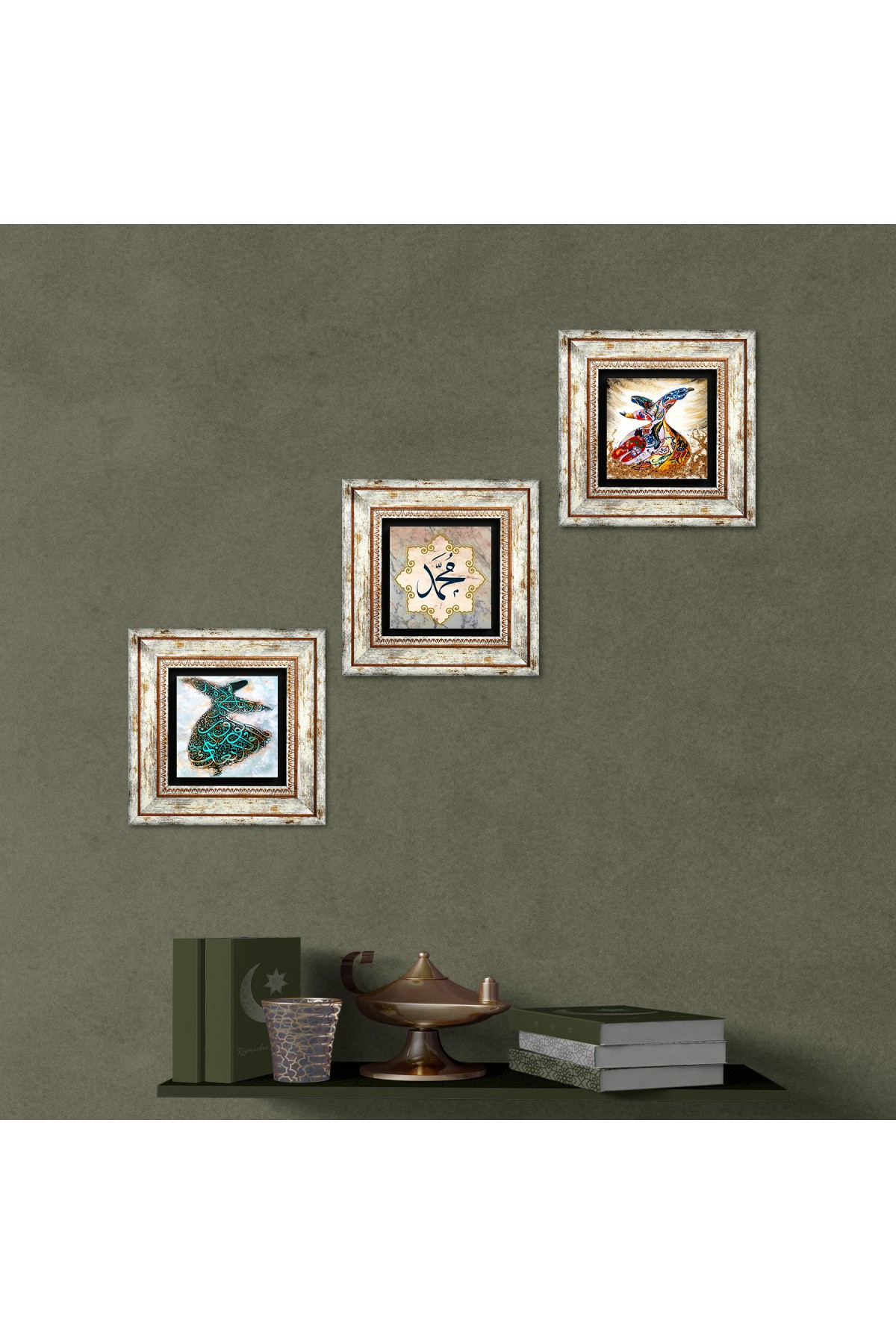 Hz. Word of Muhammad, Whirling Dervish Stone Wall Painting Framed Wall Decor 3 Piece Painting Set Wall Art