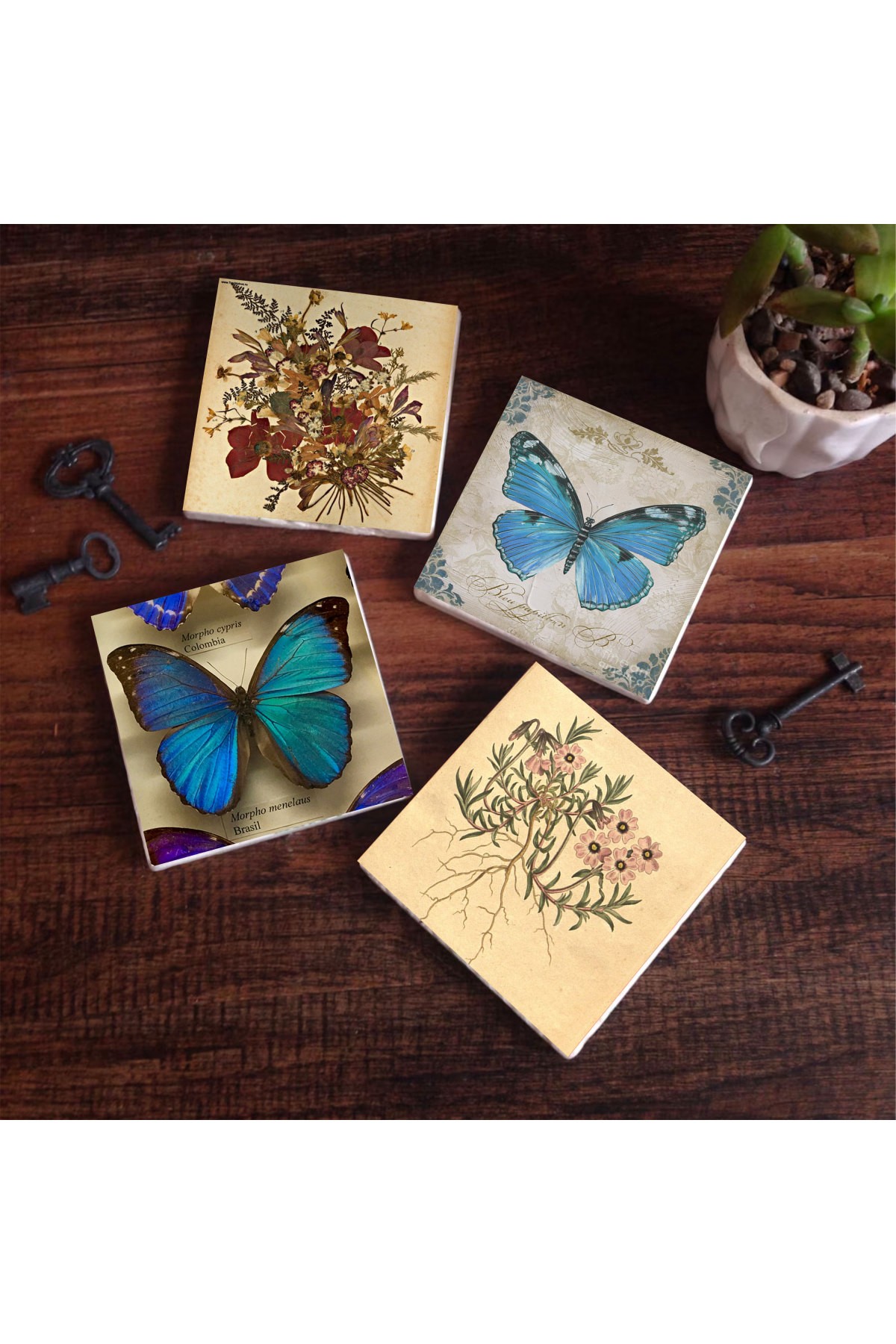 Vintage Flower, Butterfly Stone Coasters Desktop Protective Coasters 4 Piece Set 10x10cm Stone Coasters