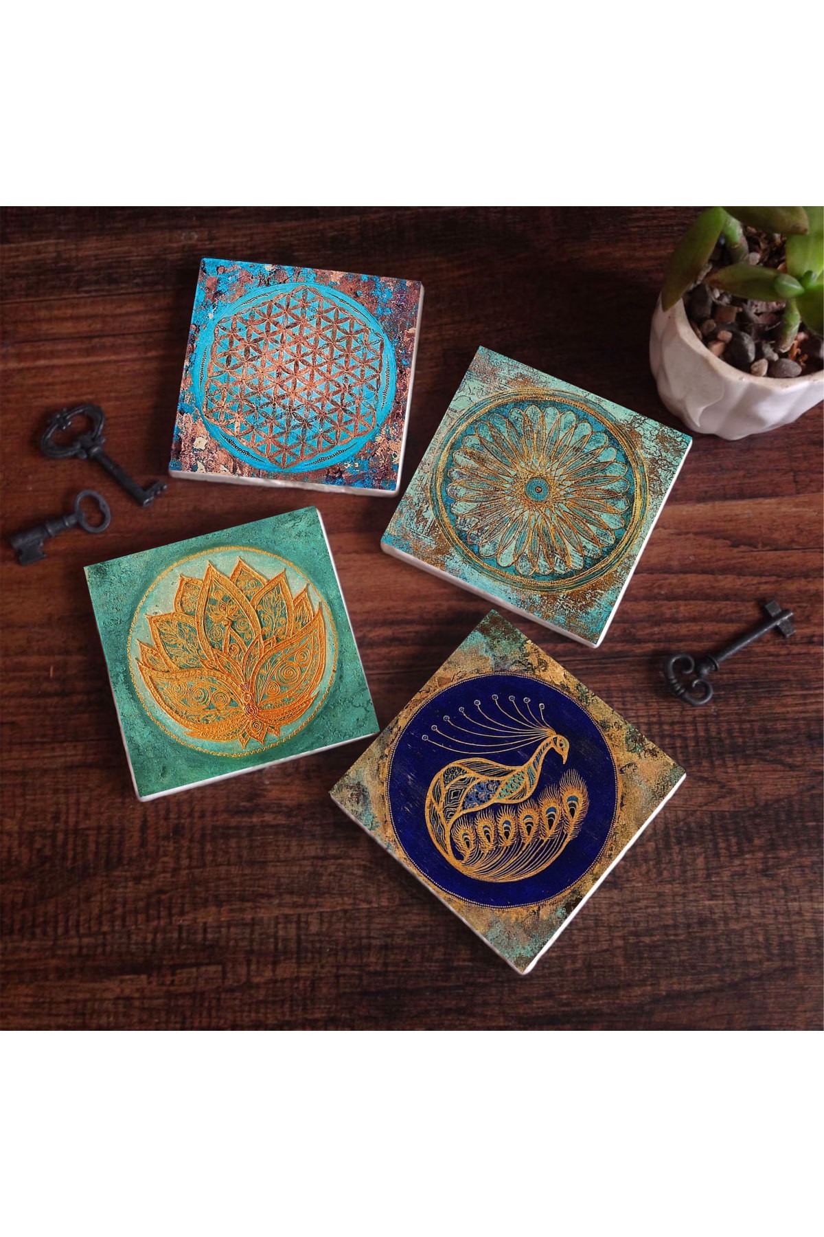 Lotus Flower, Peacock, Flower of Life Stone Coasters Desktop Protective Coasters 4 Piece Set 10x10cm Stone Coasters