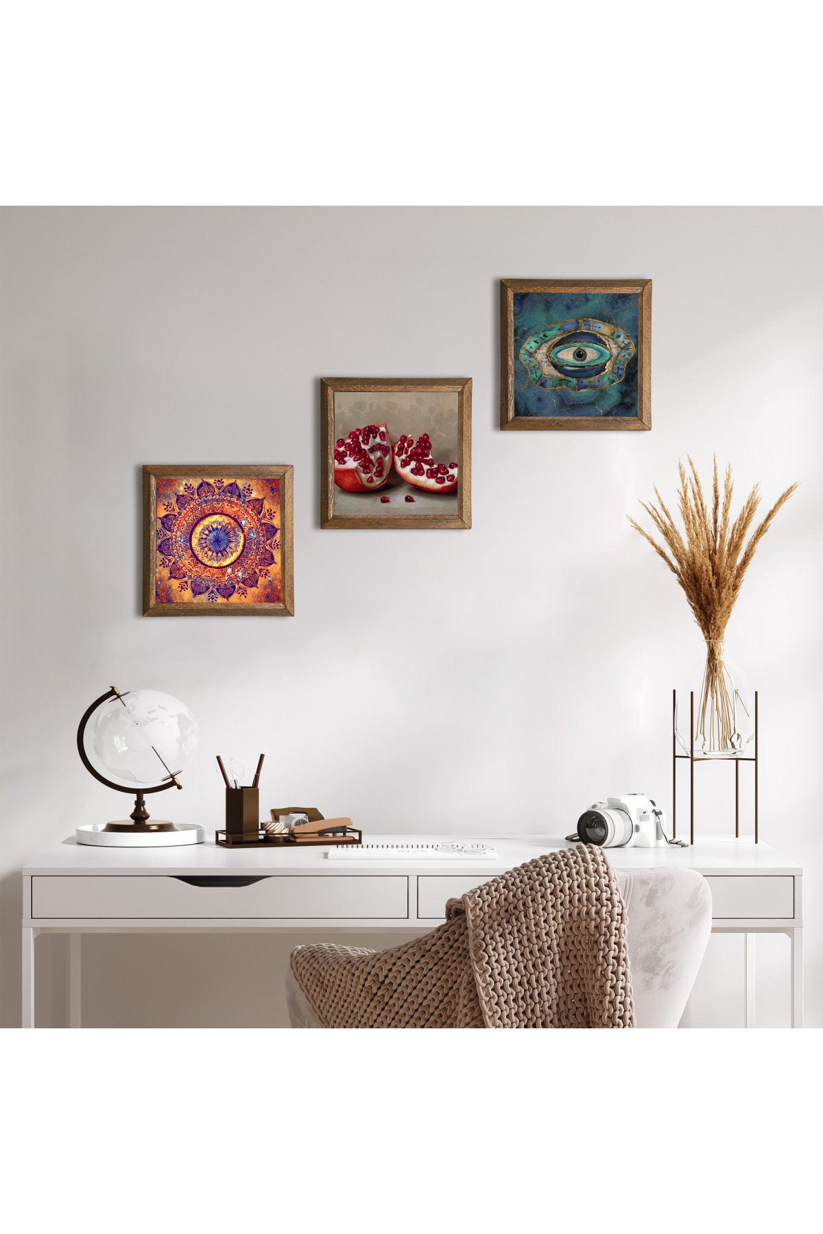 Mandala, Nazar, Nar Taş Duvar Tablosu Ahşap Çerçeveli Duvar Dekoru 3 Parça Tablo Seti Wall Art