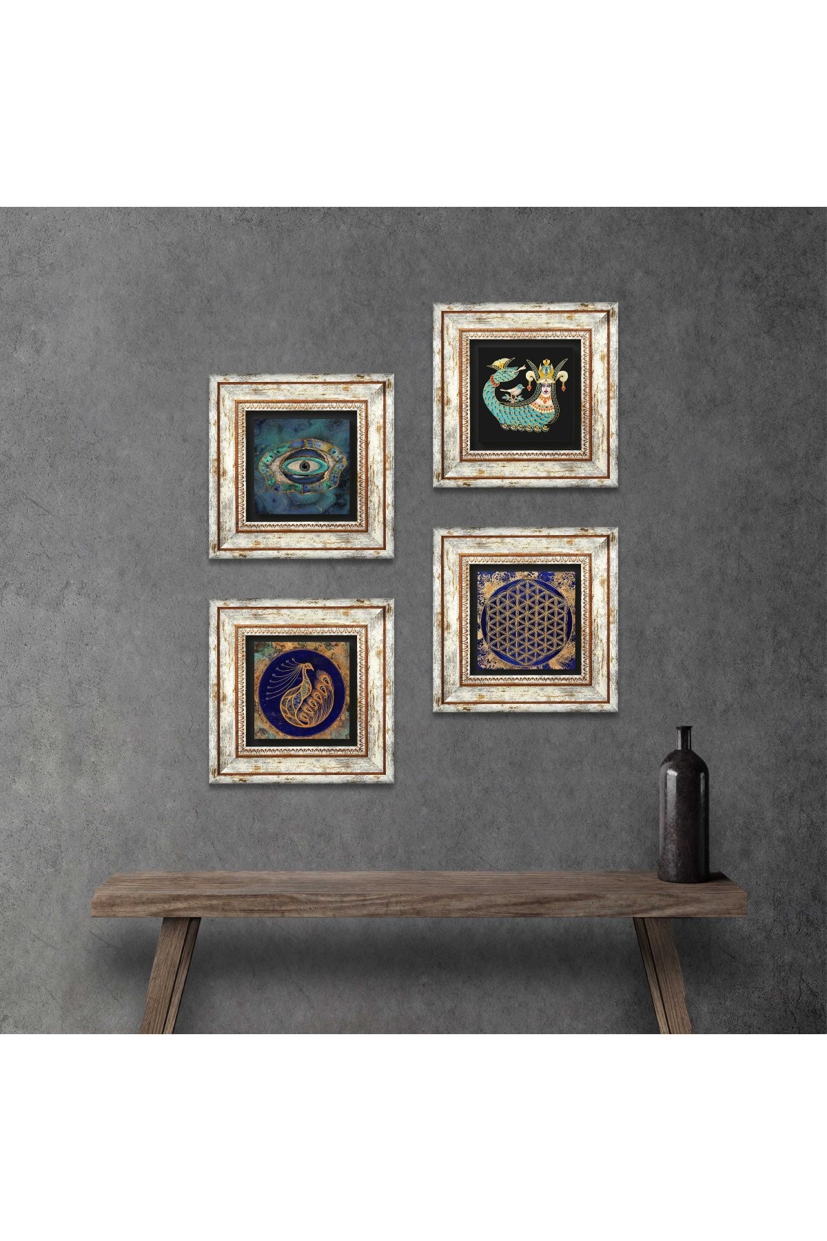 Evil Eye, Peacock, Flower of Life, Shahmaran Stone Wall Painting Framed Wall Decor 4 Piece Painting Set Wall Art