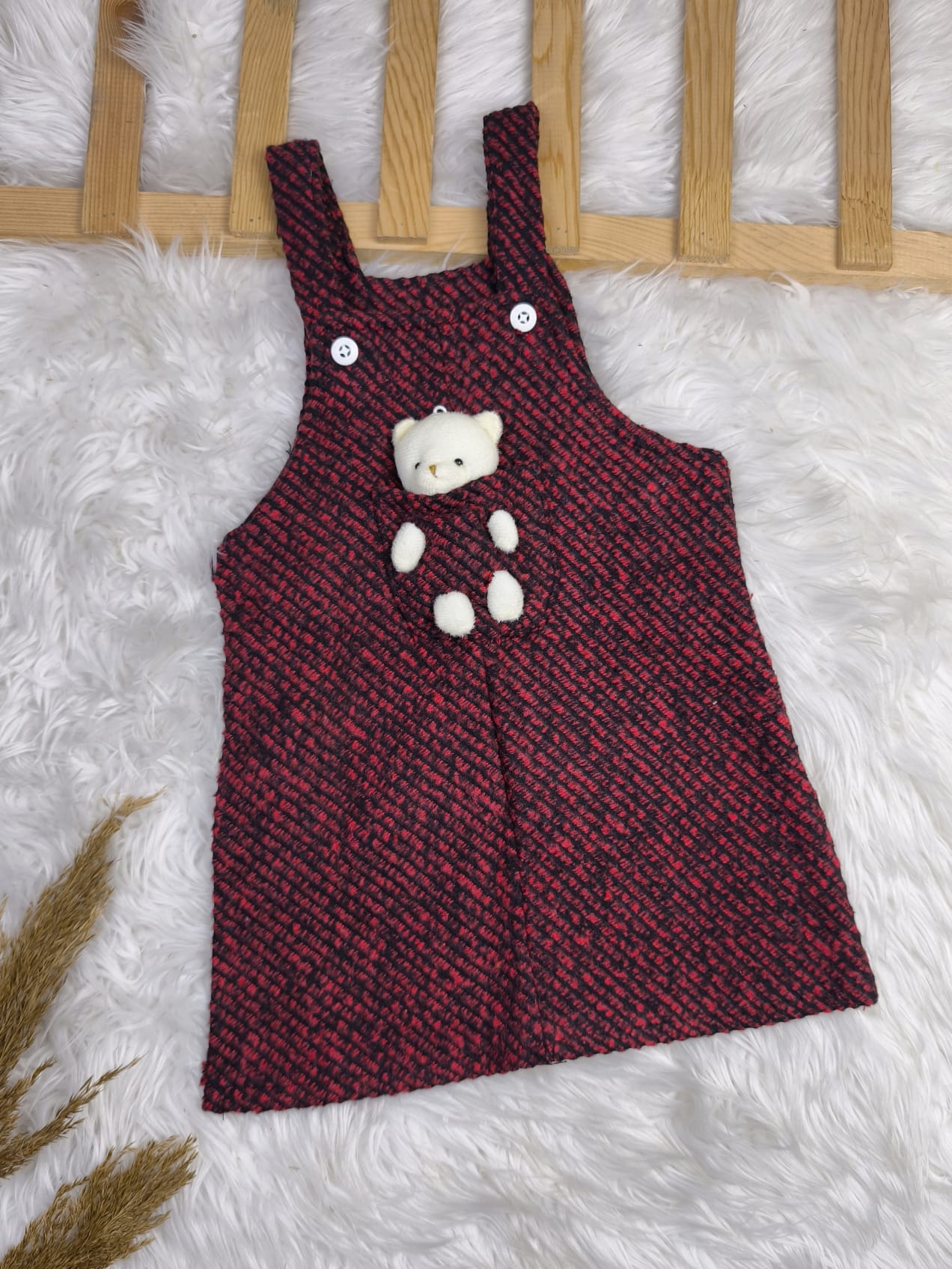 9507 AYICIK OYUNCAKLI ÇİZGİLİ KAŞE KIŞLIK ELBİSE 