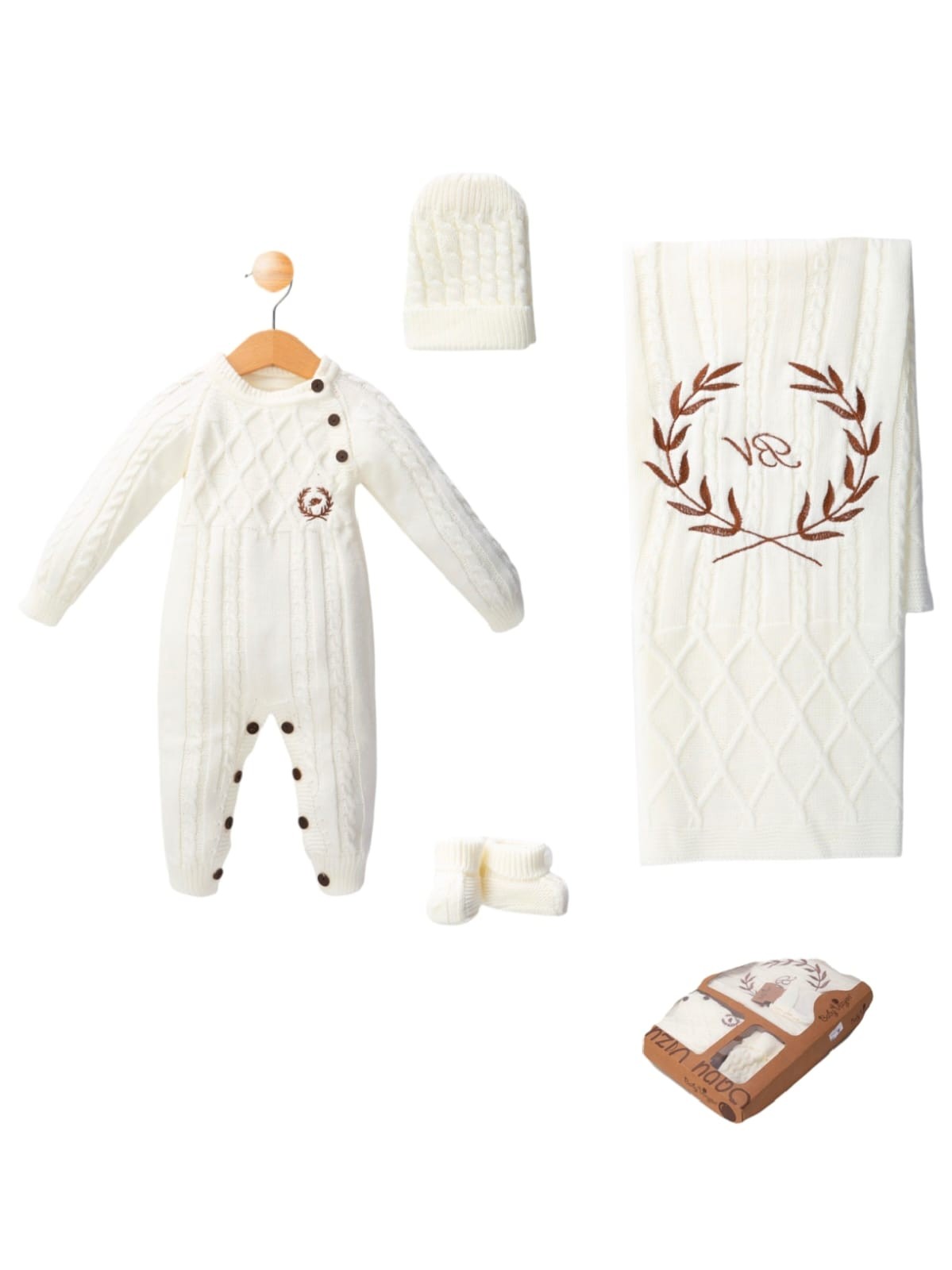 437717 KIZ BEBEK BV ÇELENK NAKIŞLI TRİKO TULUMLU SET  - Ekru