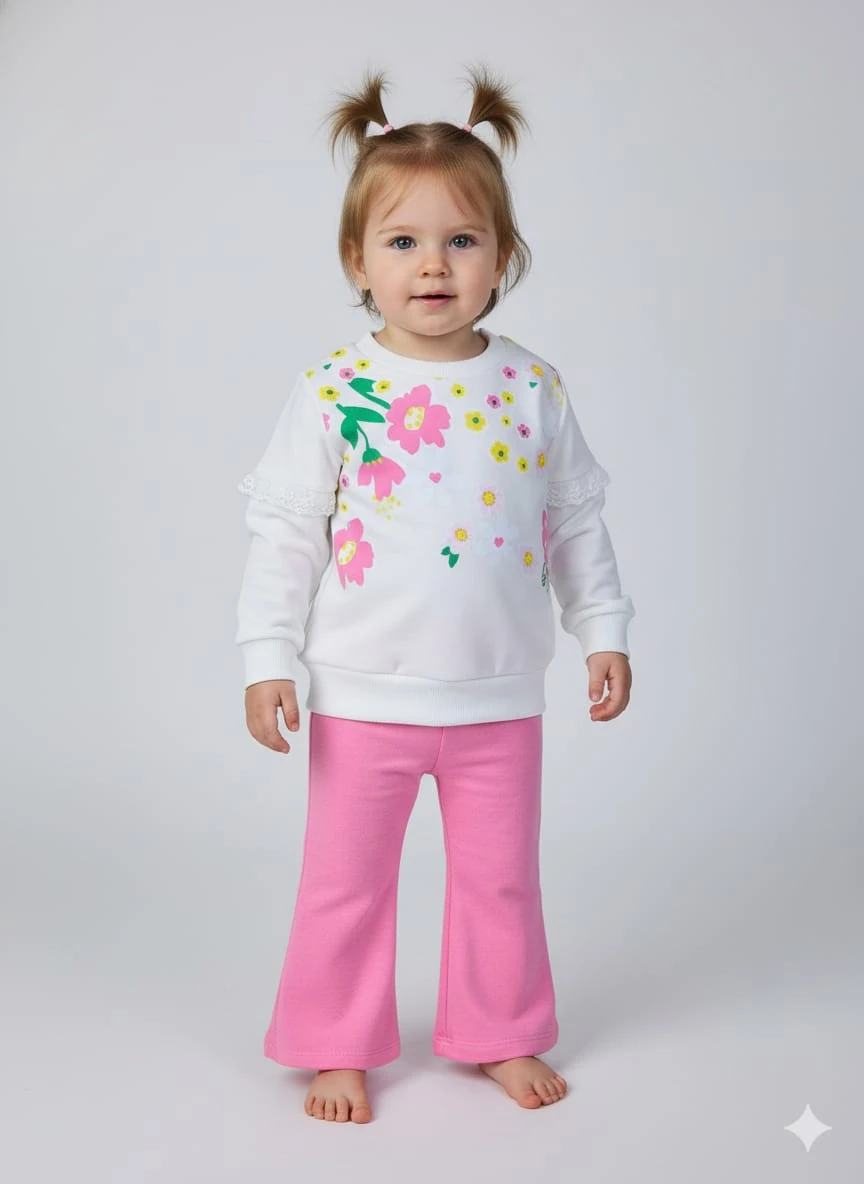 1921 ÇİÇEKLİ KOL DANTEL DETAYLI ISPANYOL PAÇA TAKIM - Pembe