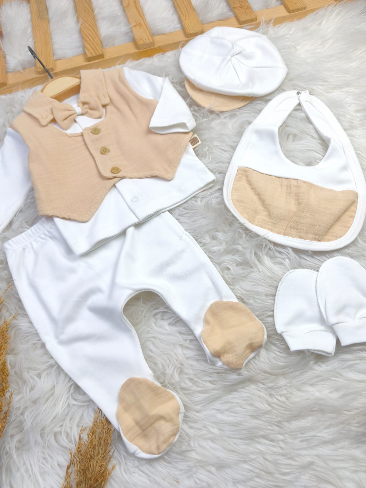 433182 MÜSLİN YELEK DETAYLI 5'Lİ HASTANE ÇIKIŞI SETİ