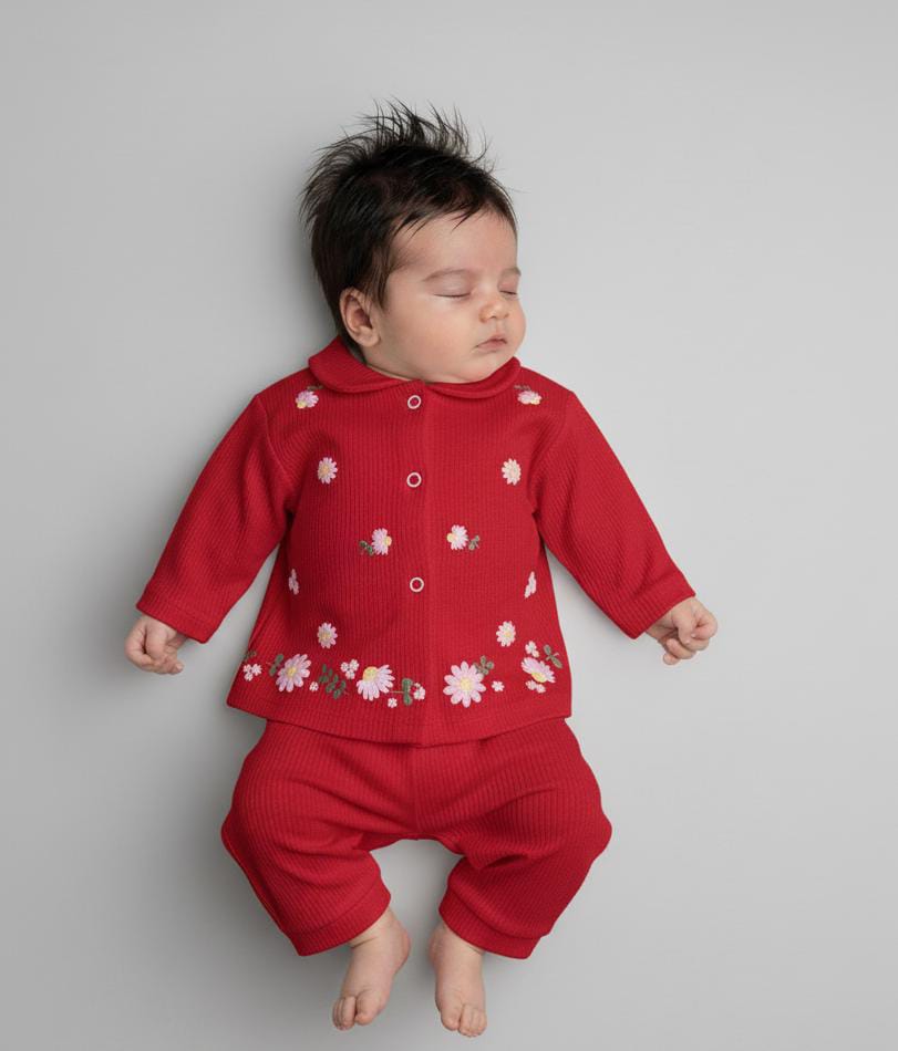 1927 BEBE YAKA PAPATYA DESEN ÖNDEN ÇITÇITLI TAKIM  - Kırmızı