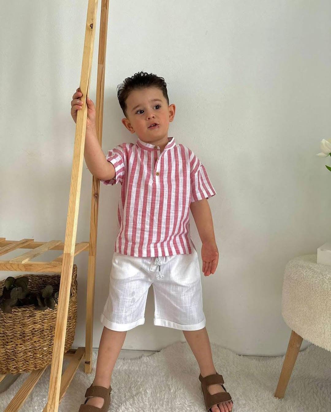 9176 JELİBOOM ÇİZGİLİ KETEN ŞORTLU TAKIM 