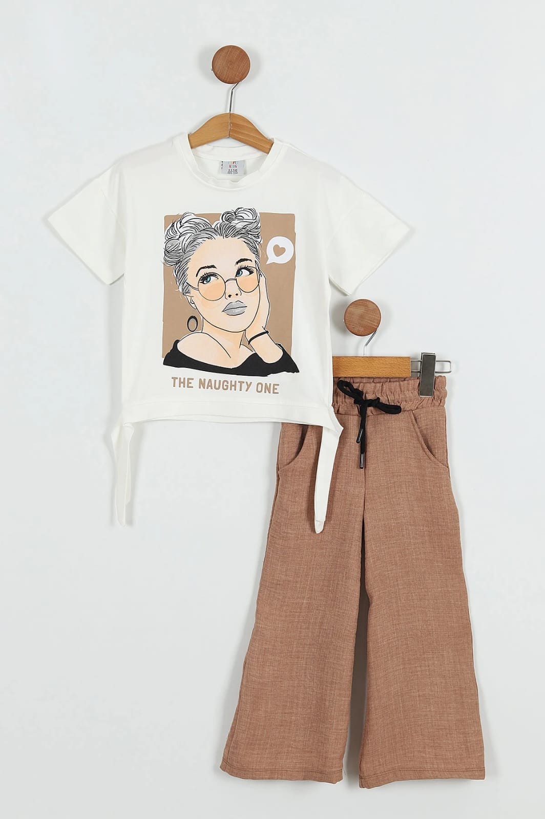 9039 NAUGHTY YAZILI PANTOLONLU KIZ TAKIM  - Kahve