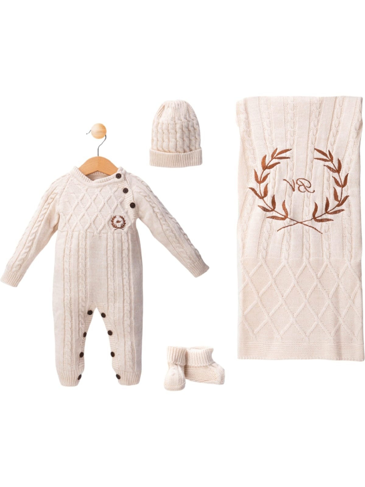437717 ERKEK BEBEK BV ÇELENK NAKIŞLI TRİKO TULUMLU SET  - bej