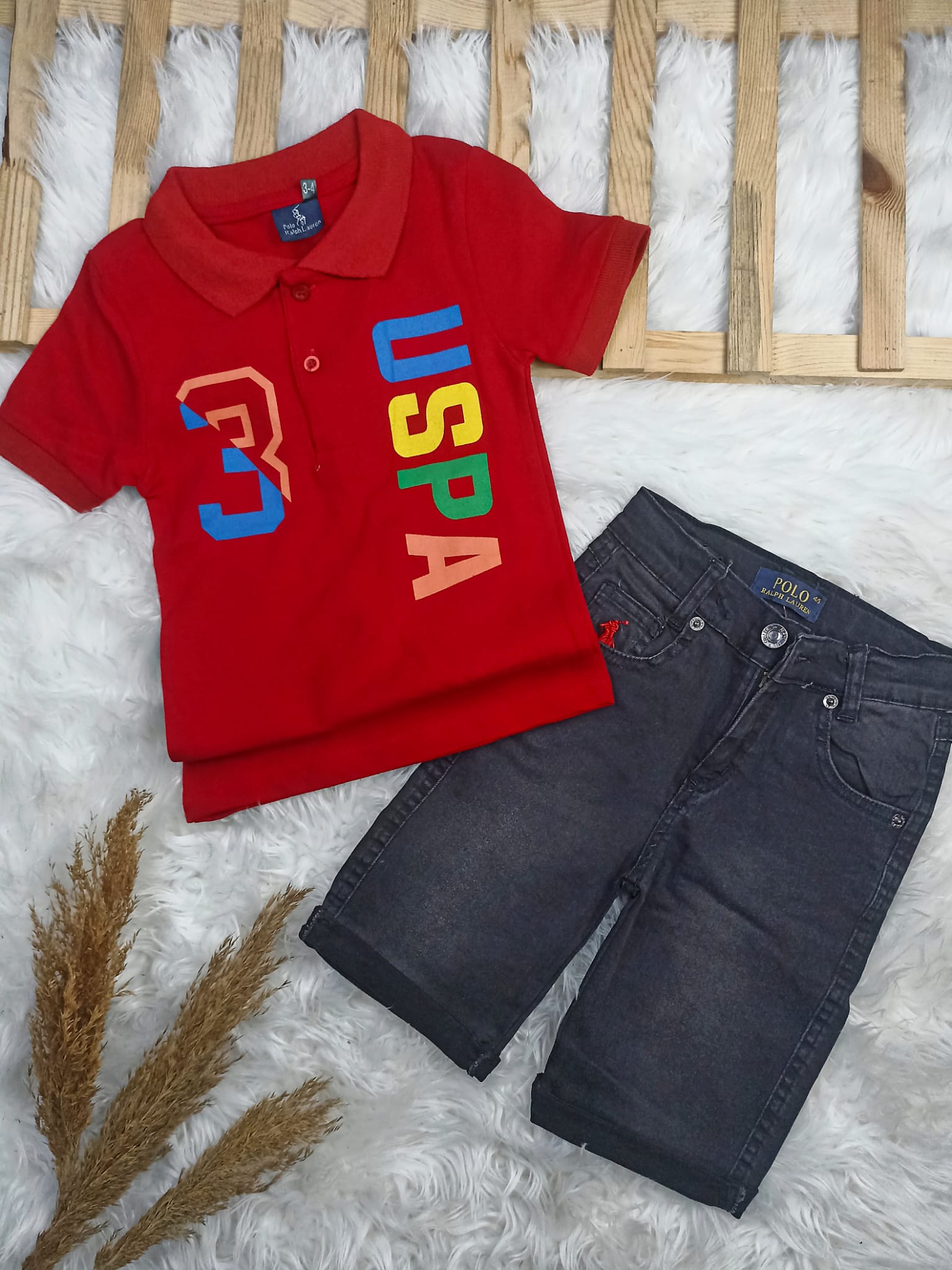 9105  USPA YAZILI KOT ŞORTLU TAKIM - Kırmızı