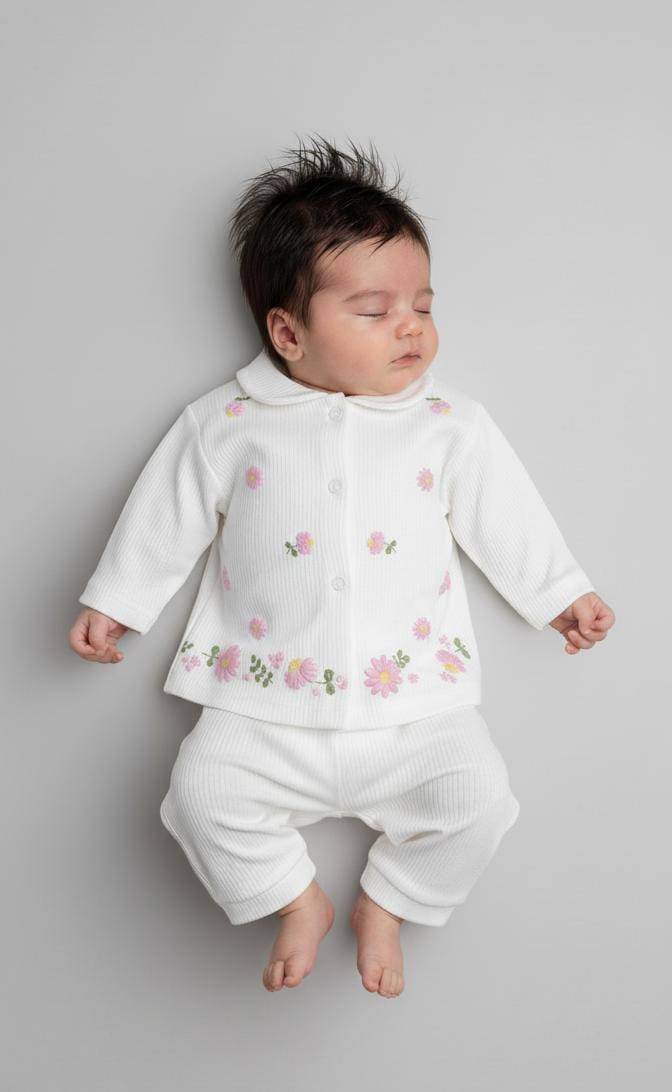 1927 BEBE YAKA PAPATYA DESEN ÖNDEN ÇITÇITLI TAKIM  - Ekru