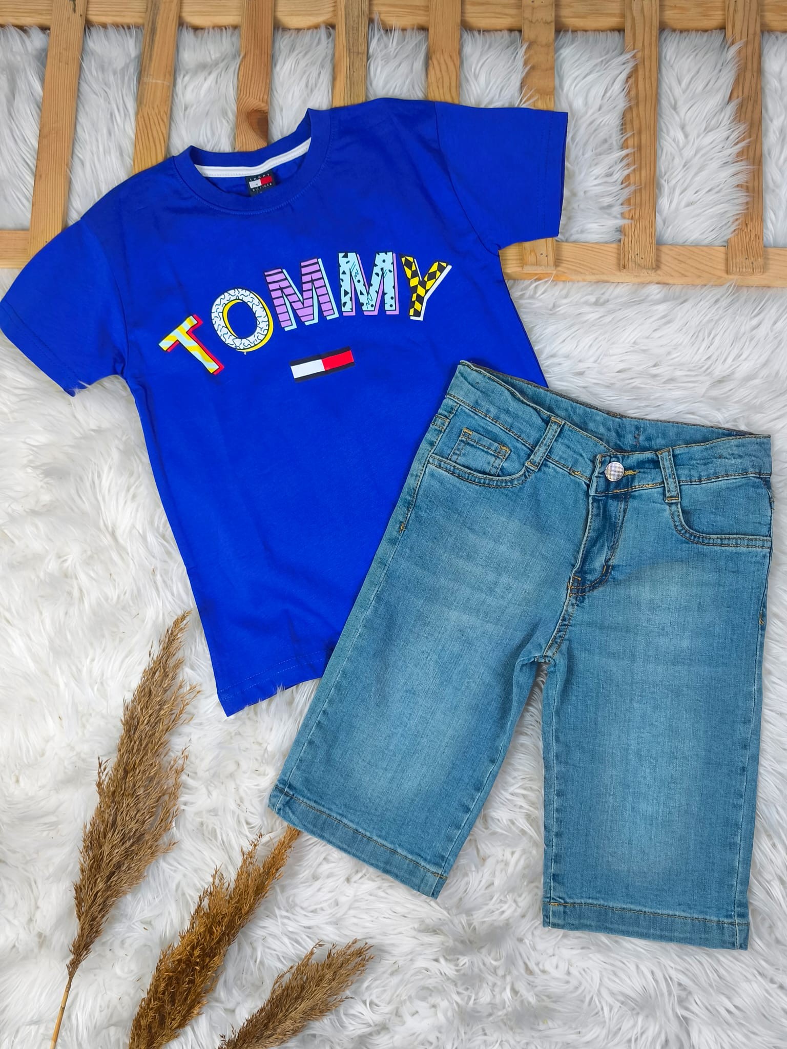 9110 TOMMY YAZILI KOT KAPRİLİ TAKIM - Mavi