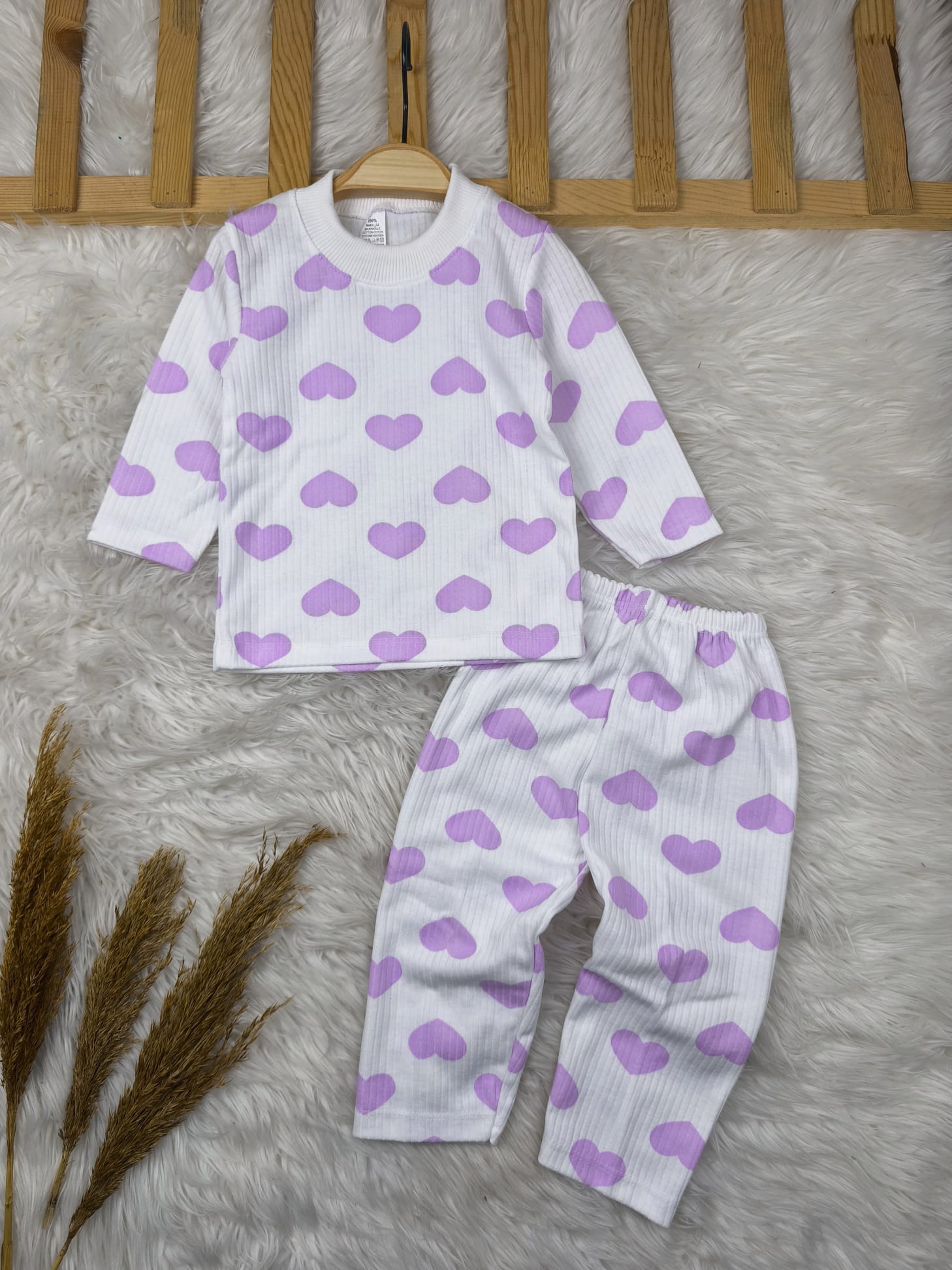 1007 RENKLİ KALP DESEN PİJAMA TAKIMI  - Lila