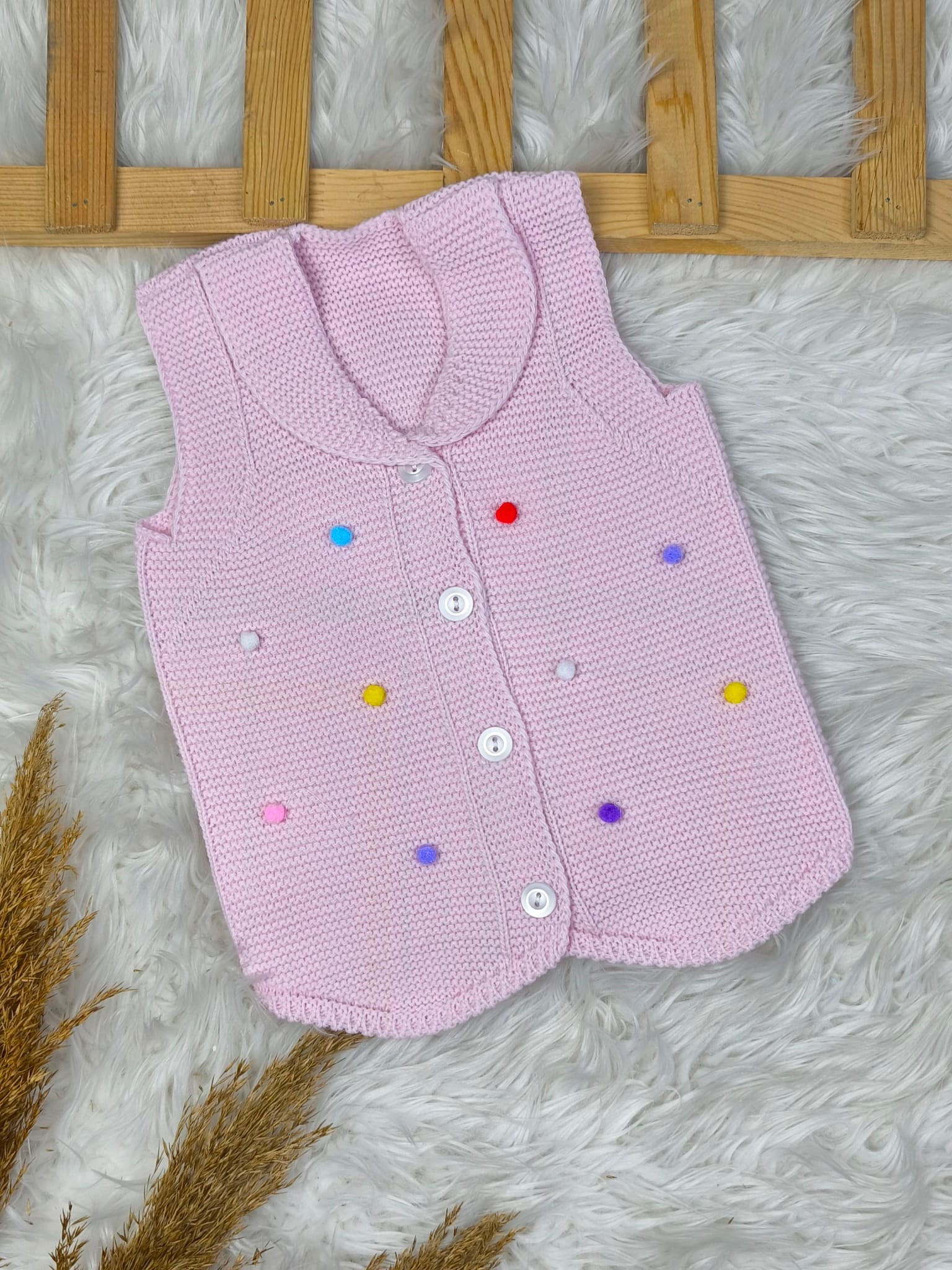 2574 PONPONLU TRİKO YELEK  - Pembe