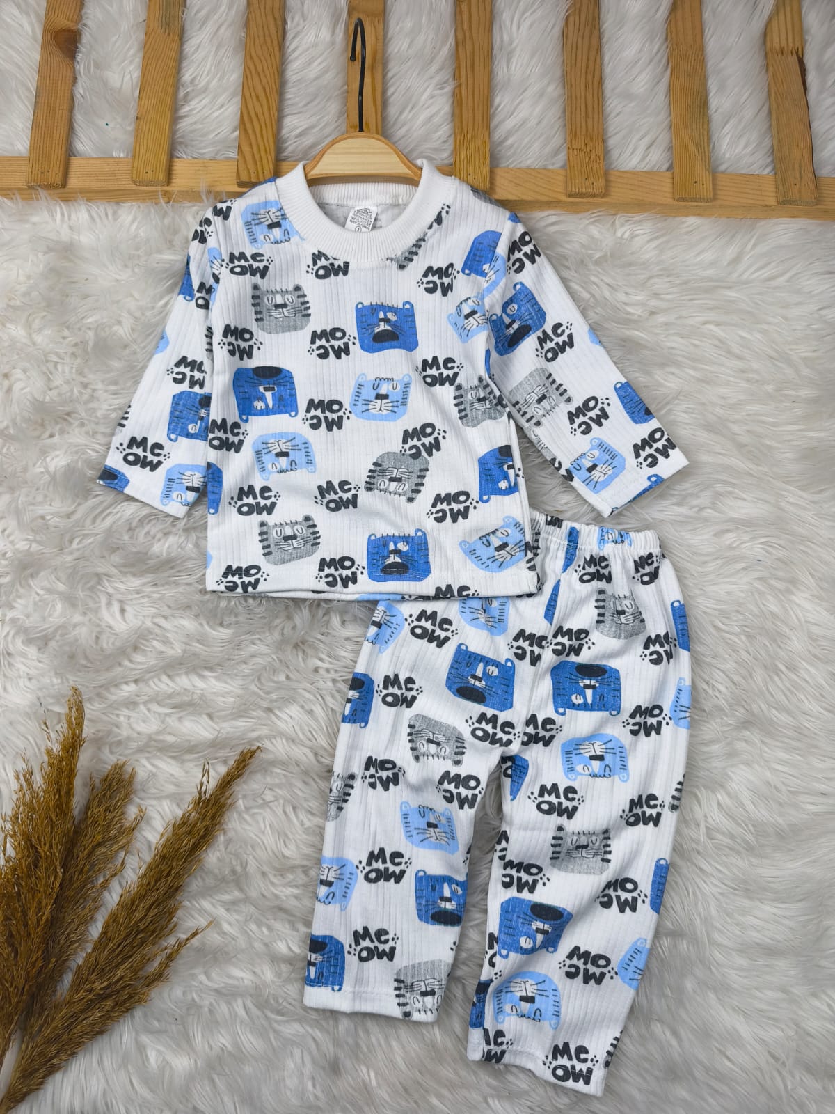 1008 MEOW YAZILI PİJAMA TAKIMI  - Mavi