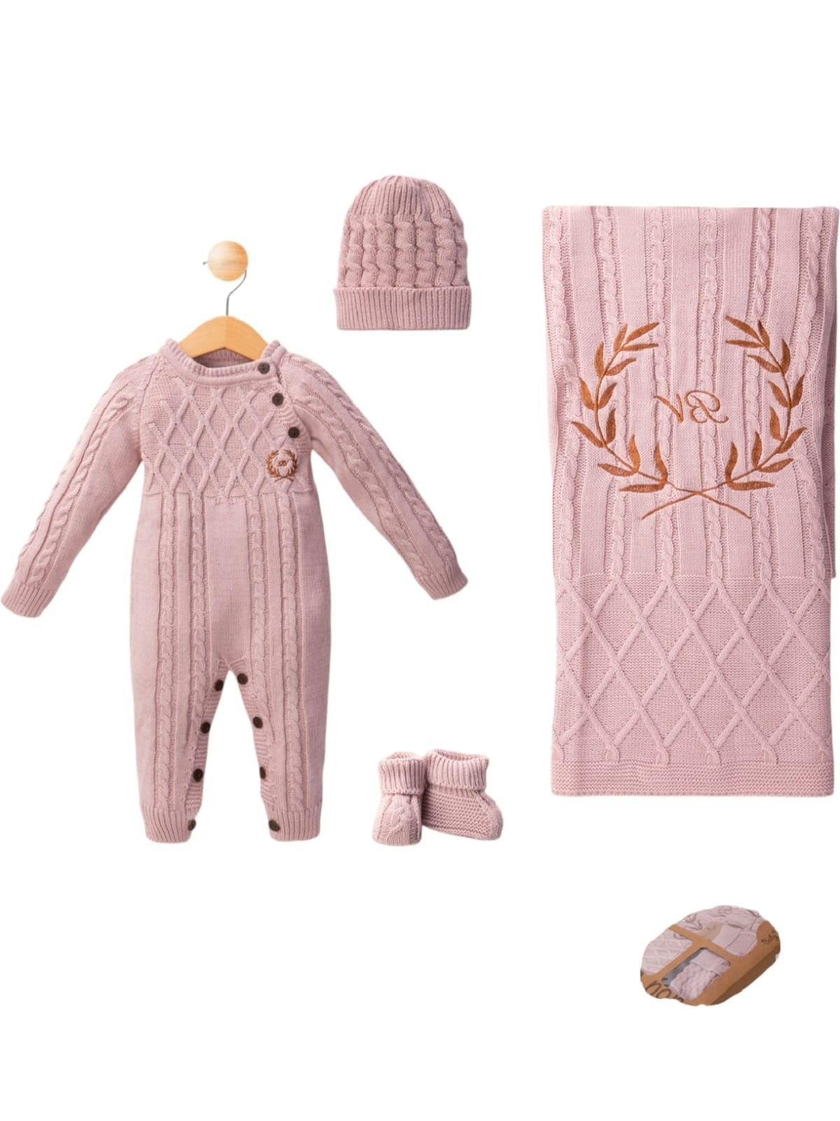 437717 KIZ BEBEK BV ÇELENK NAKIŞLI TRİKO TULUMLU SET  - Gül kurusu