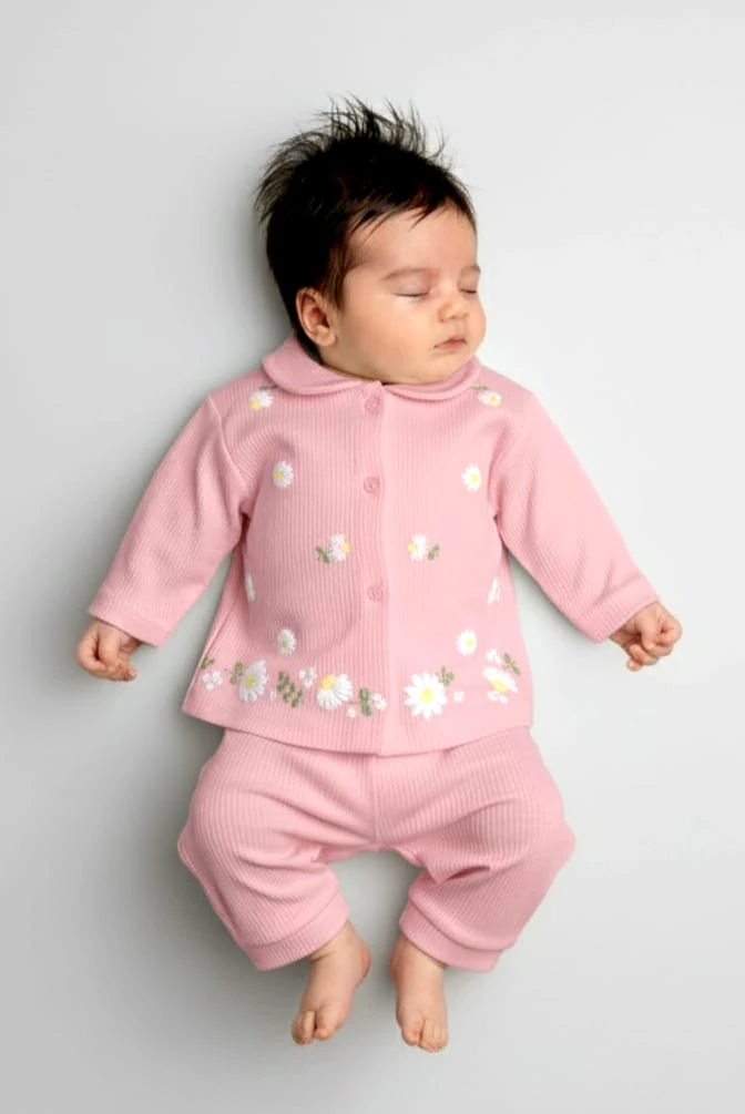 1927 BEBE YAKA PAPATYA DESEN ÖNDEN ÇITÇITLI TAKIM  - Pembe