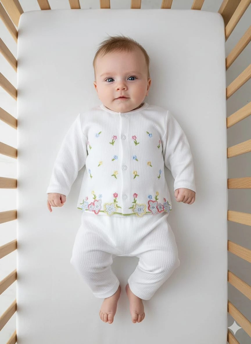 1922 ÇİÇEK NAKIŞ DETAYLI ÖNDEN ÇITÇITLI TAKIM  - Ekru