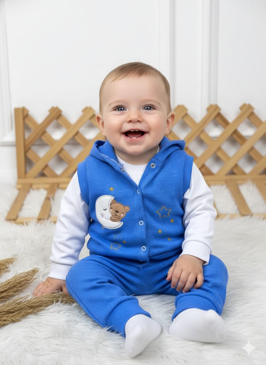 1943 RİBANA KAŞKORSE NAKIŞLI KAPŞONLU YELEKLİ TAKIM  - Saks mavi