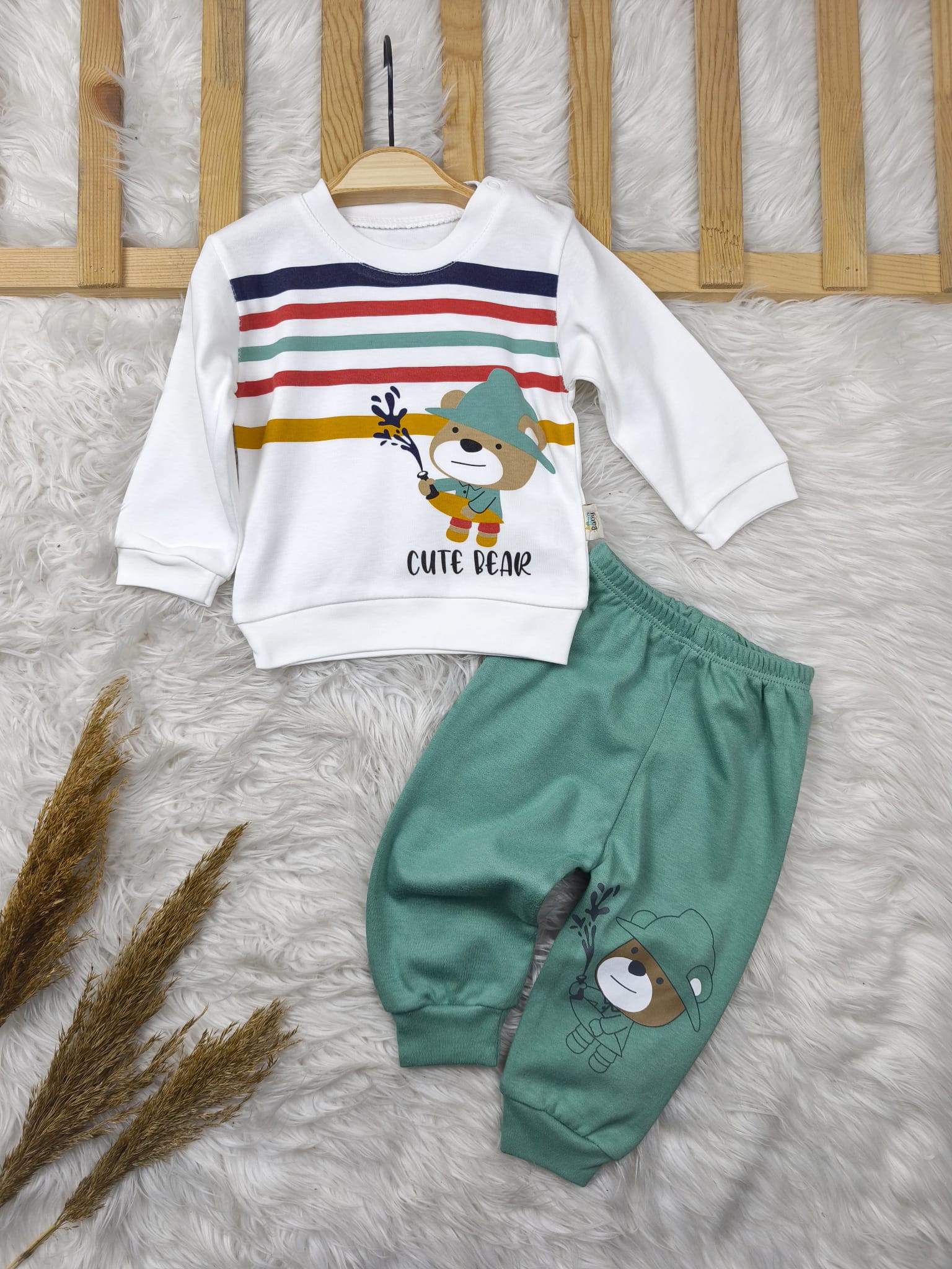 1949 CUTE BEAR ÇİZGİLİ MEVSİMLİK TAKIM  - Yeşil