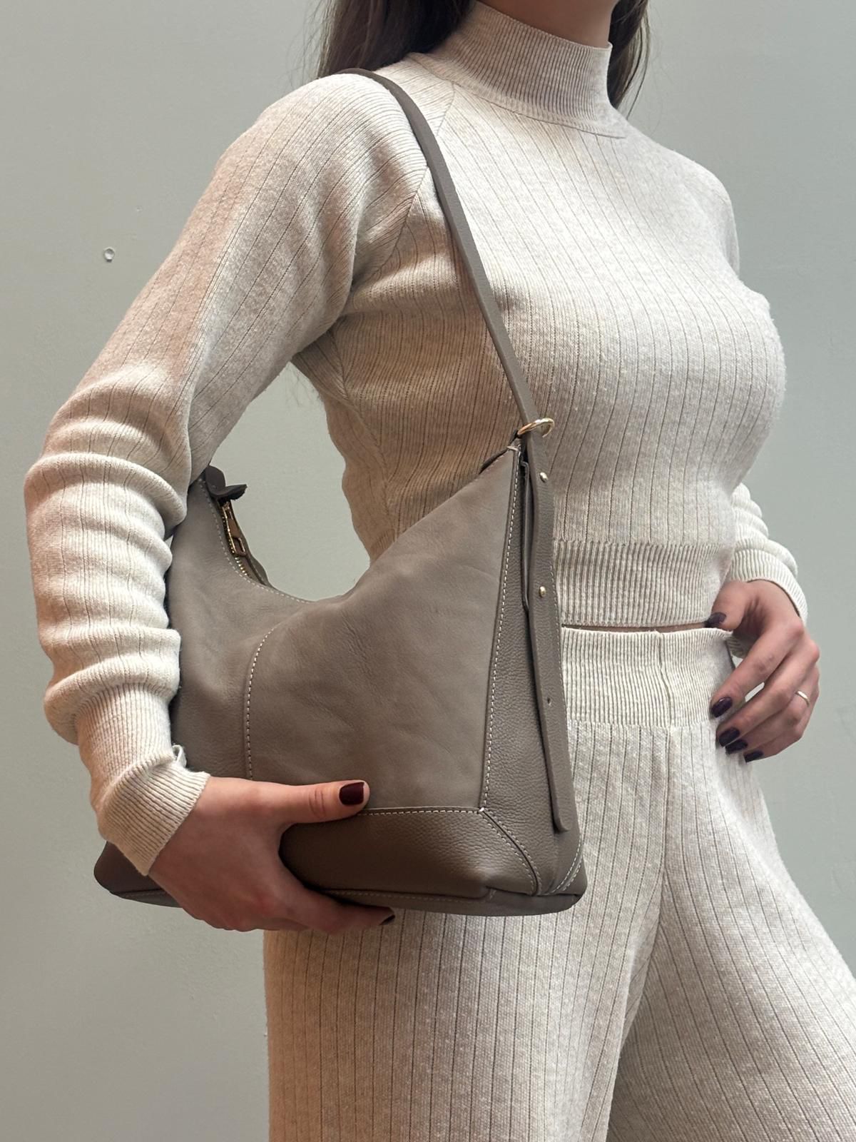 Mini Çantalı Hakiki Deri Çanta - Vizon