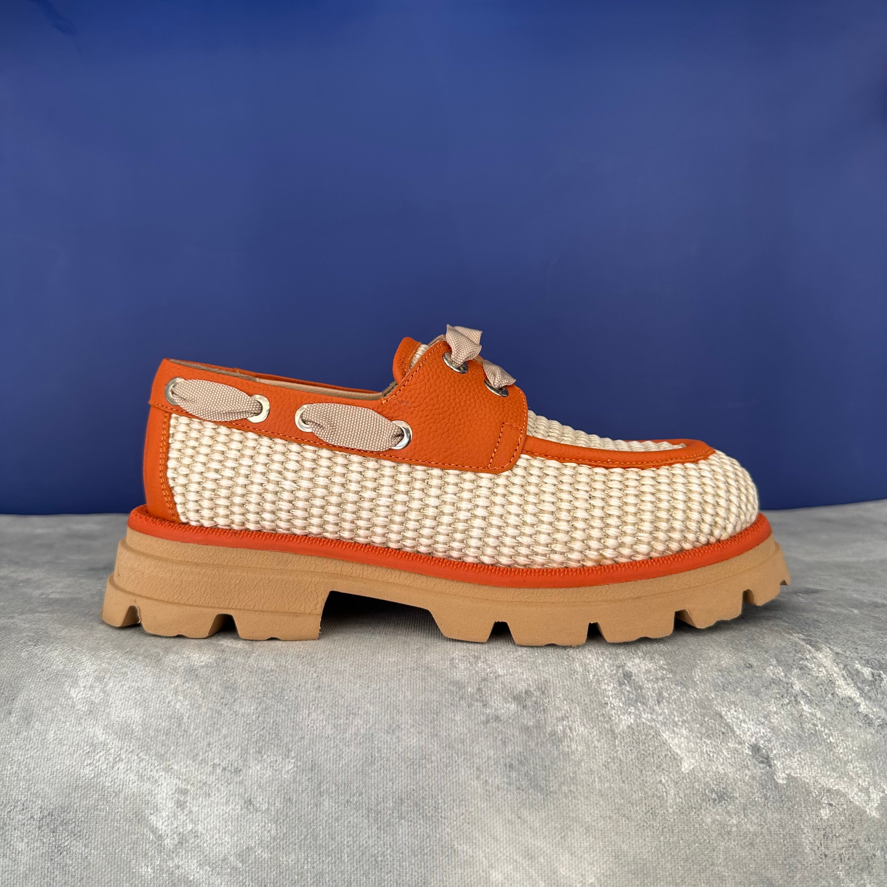 Deri Detaylı Hasır Loafer - Turuncu