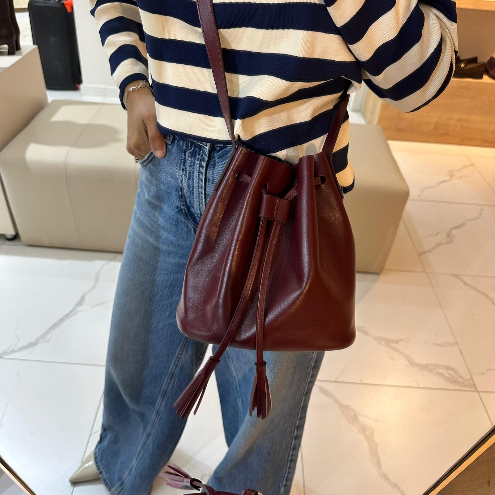 Hakiki Deri Büzgülü Çanta - Bordo