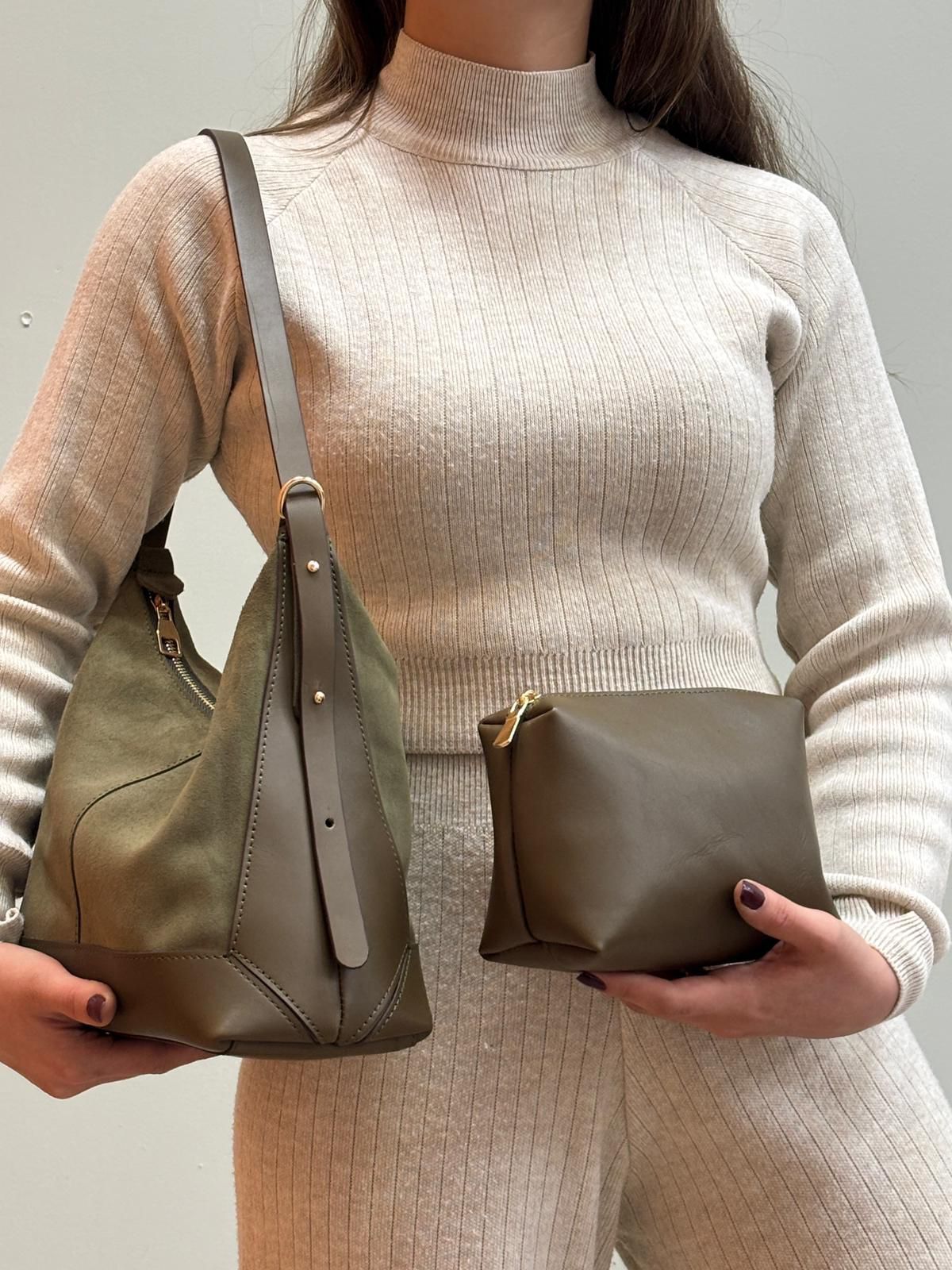 Mini Çantalı Hakiki Deri Çanta - Haki