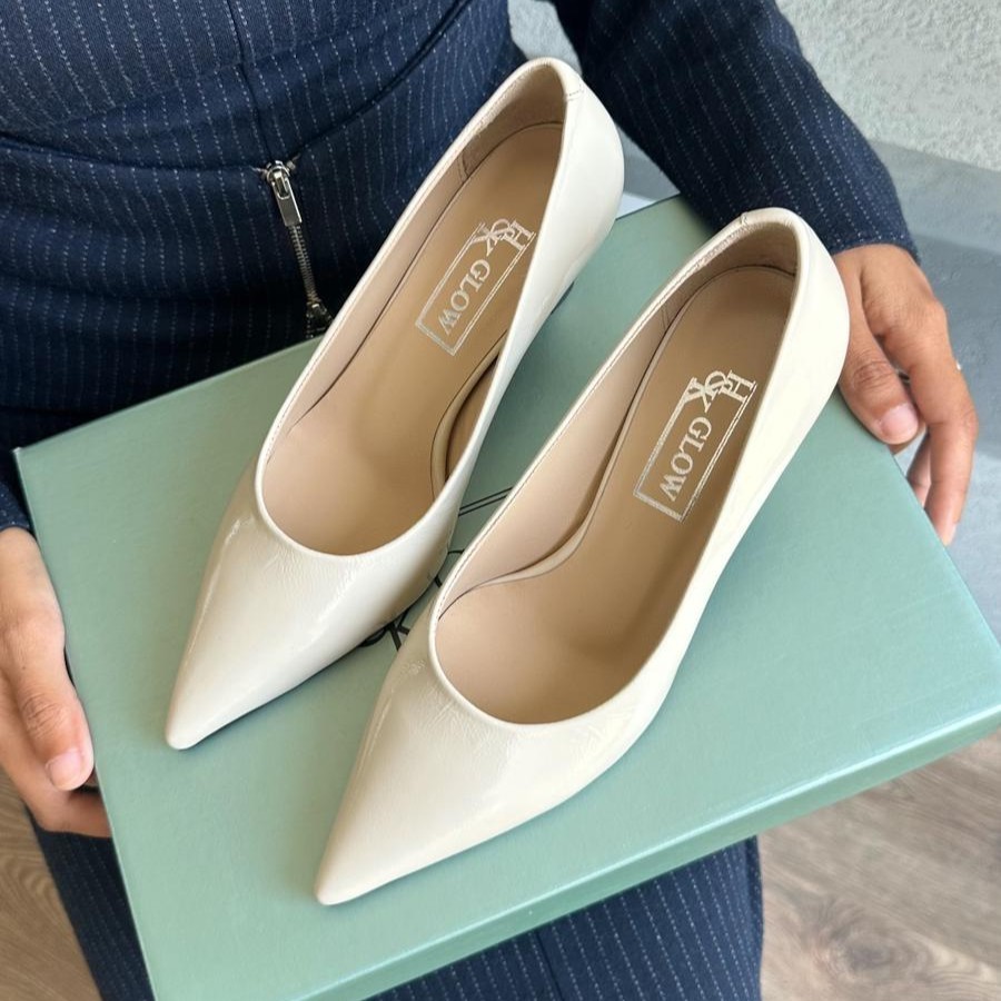 Hakiki Kırık Rugan Deri Stiletto - Bej