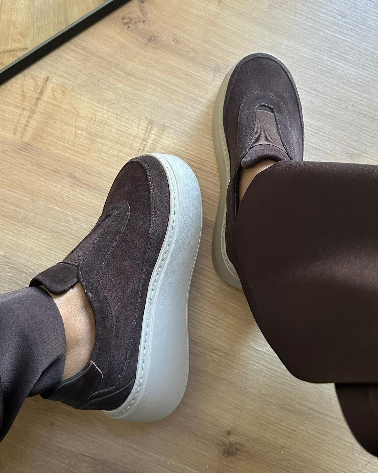Hakiki Deri Önü Bant Detaylı Sneaker - Acı Kahve