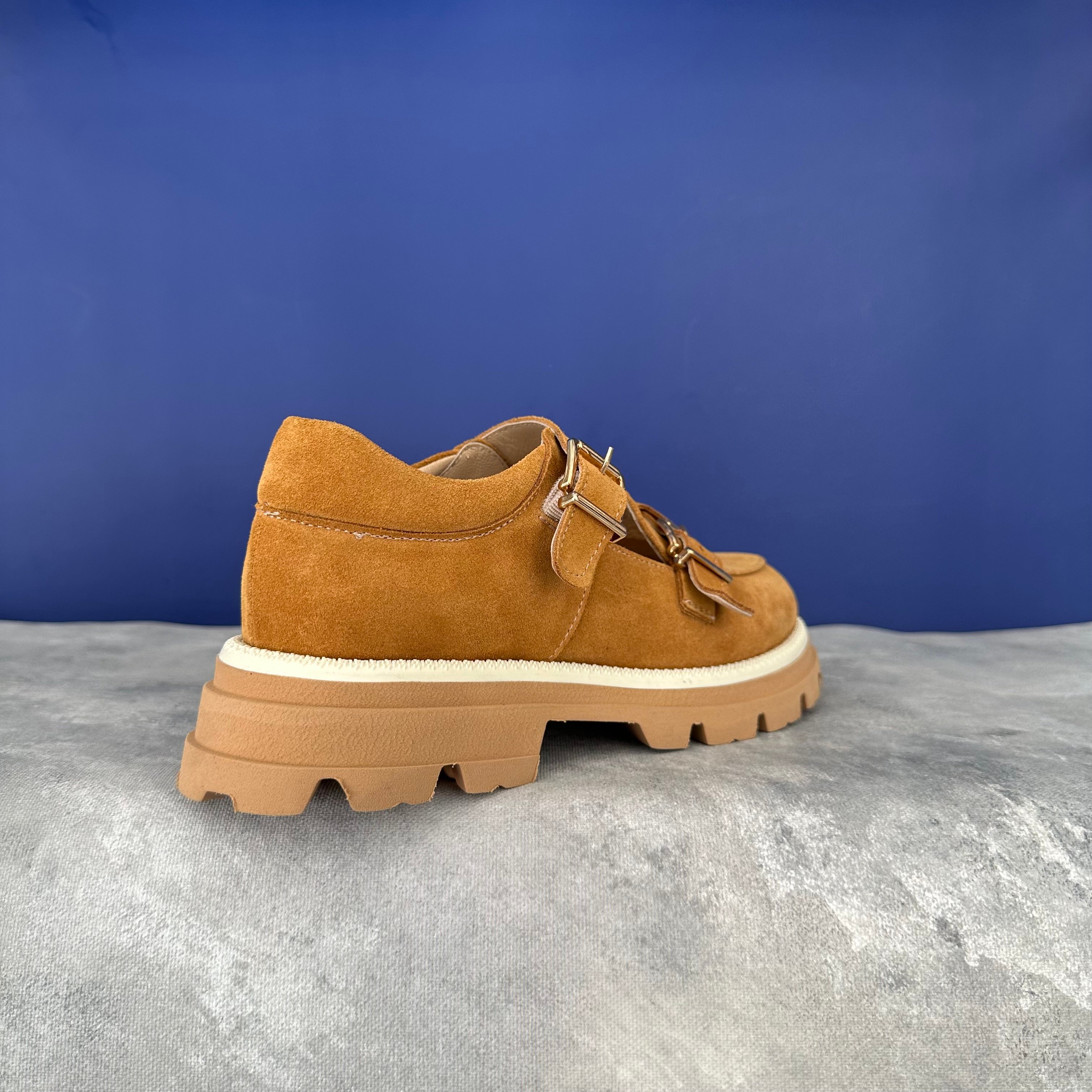 Süet Çift Bantlı Loafer - Hardal