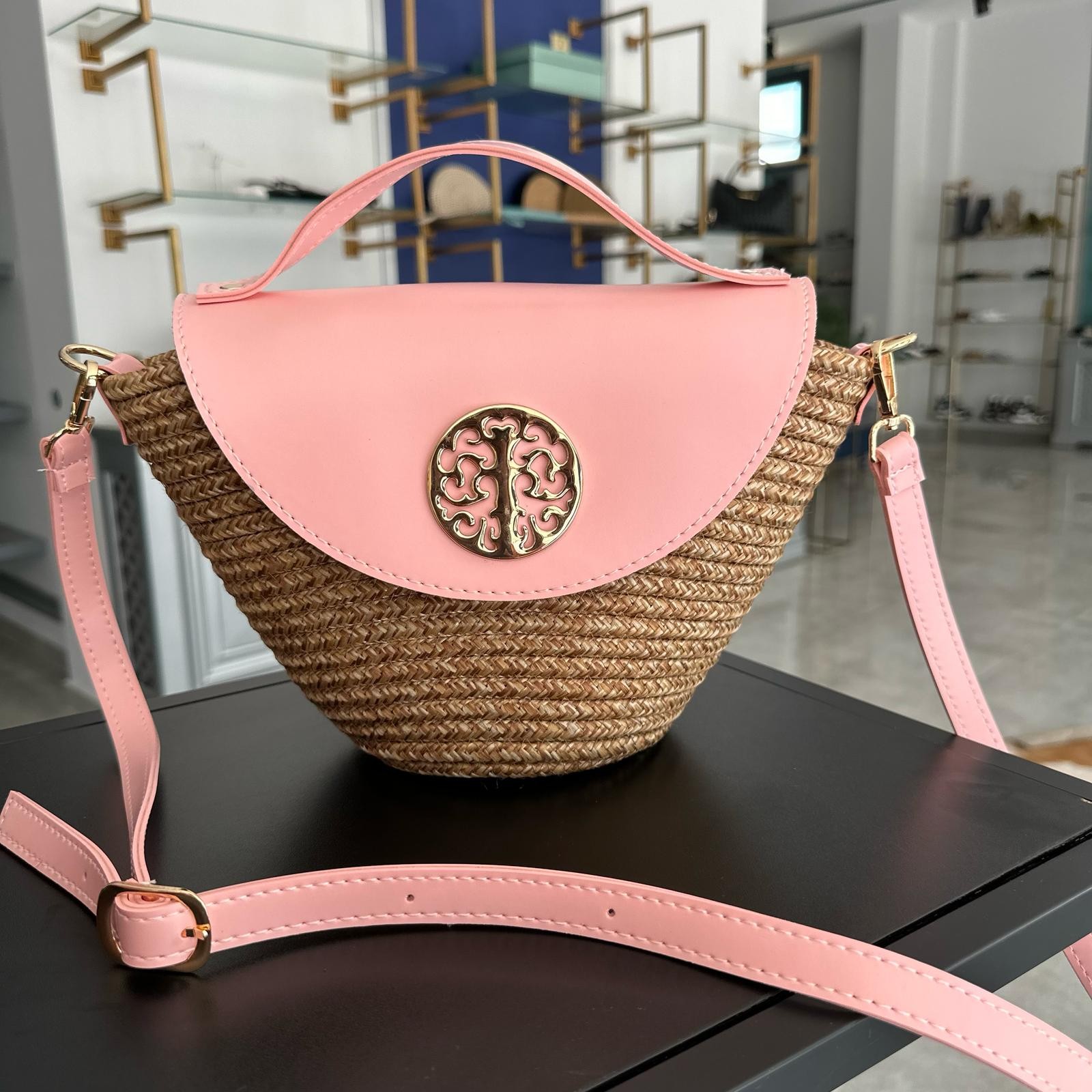 Tokalı Hasır Çanta - Pembe
