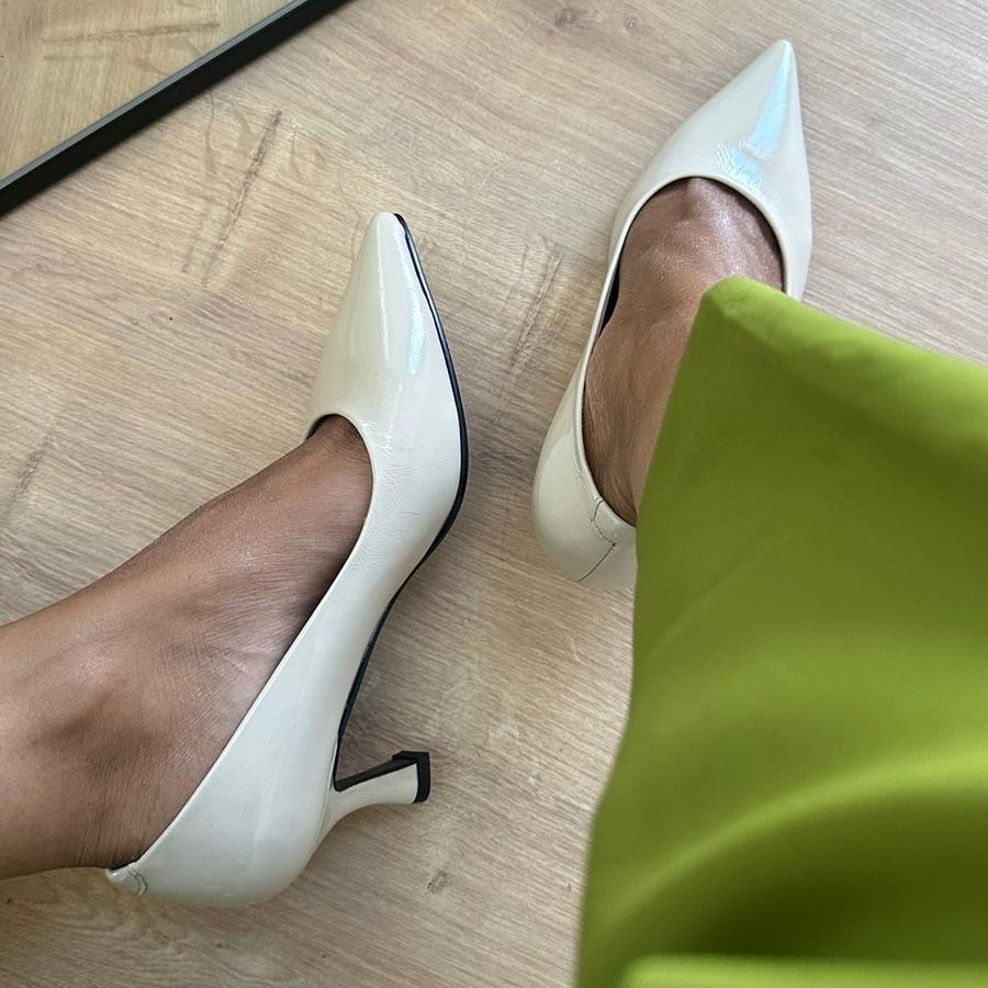 Hakiki Kırık Rugan Deri Stiletto - Bej
