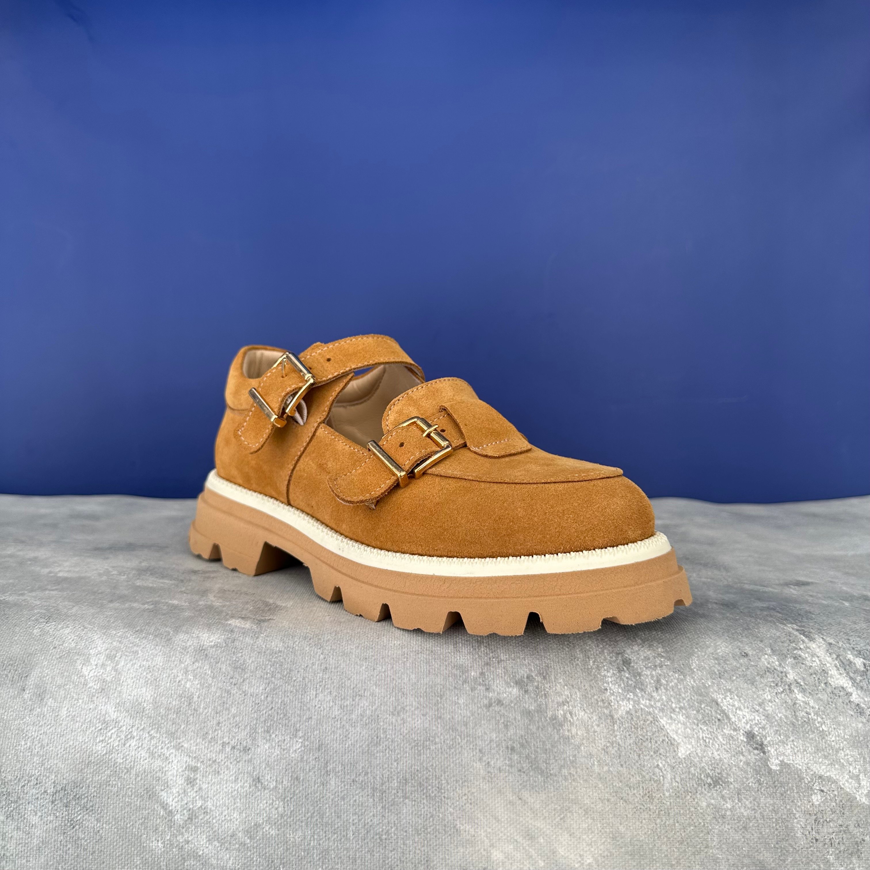 Süet Çift Bantlı Loafer - Hardal