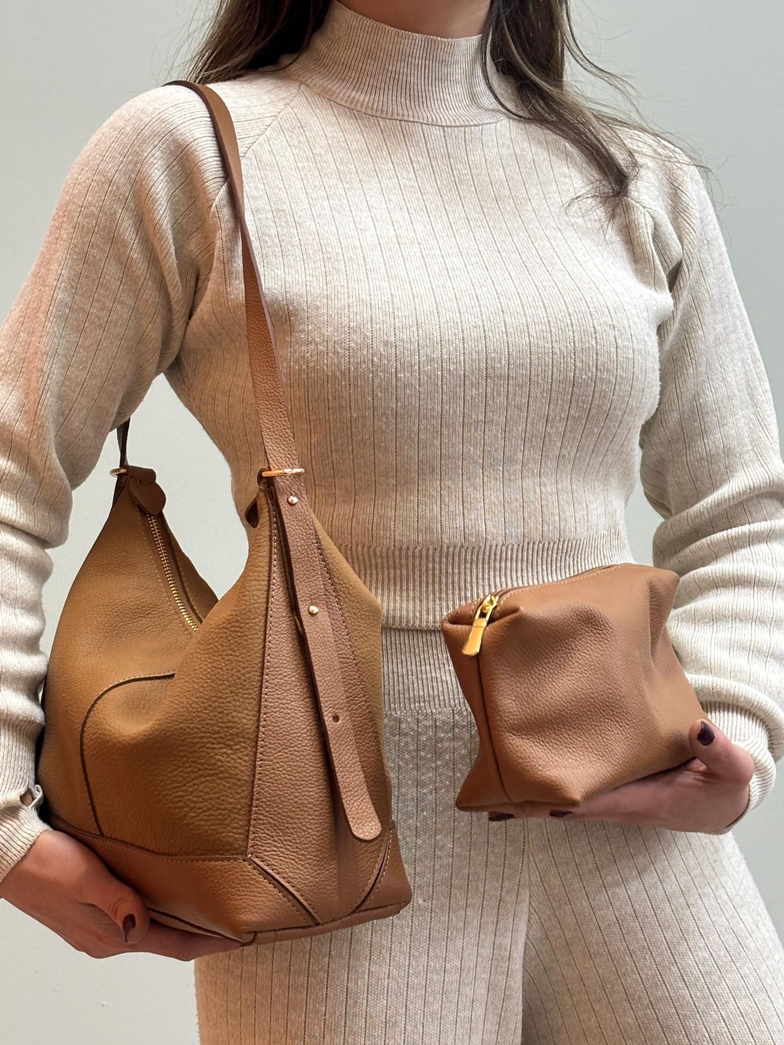 Mini Çantalı Hakiki Deri Çanta - Taba