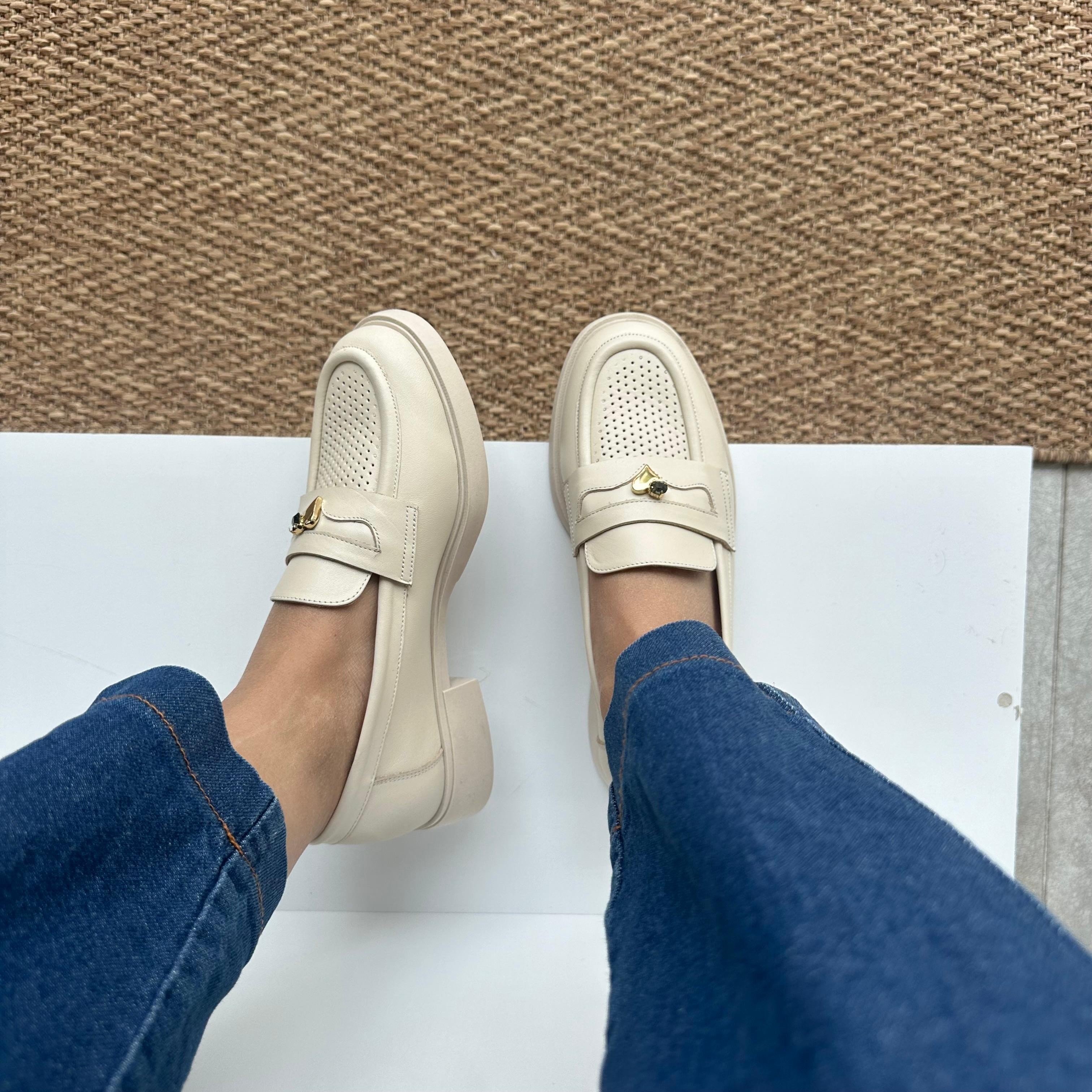Hakiki Deri Loafer - Krem