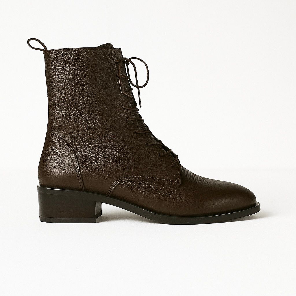 Hakiki Deri Fermuar Detaylı Bağcıklı Bot - Acı Kahve