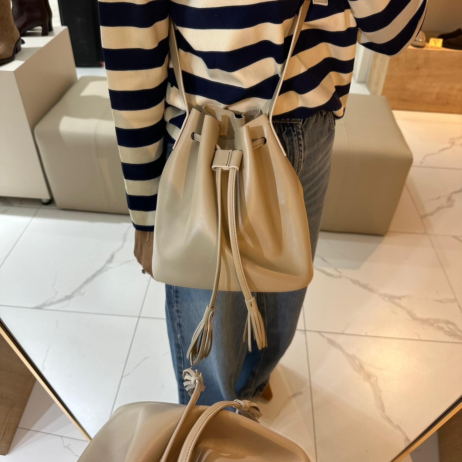 Hakiki Deri Büzgülü Çanta - Bej