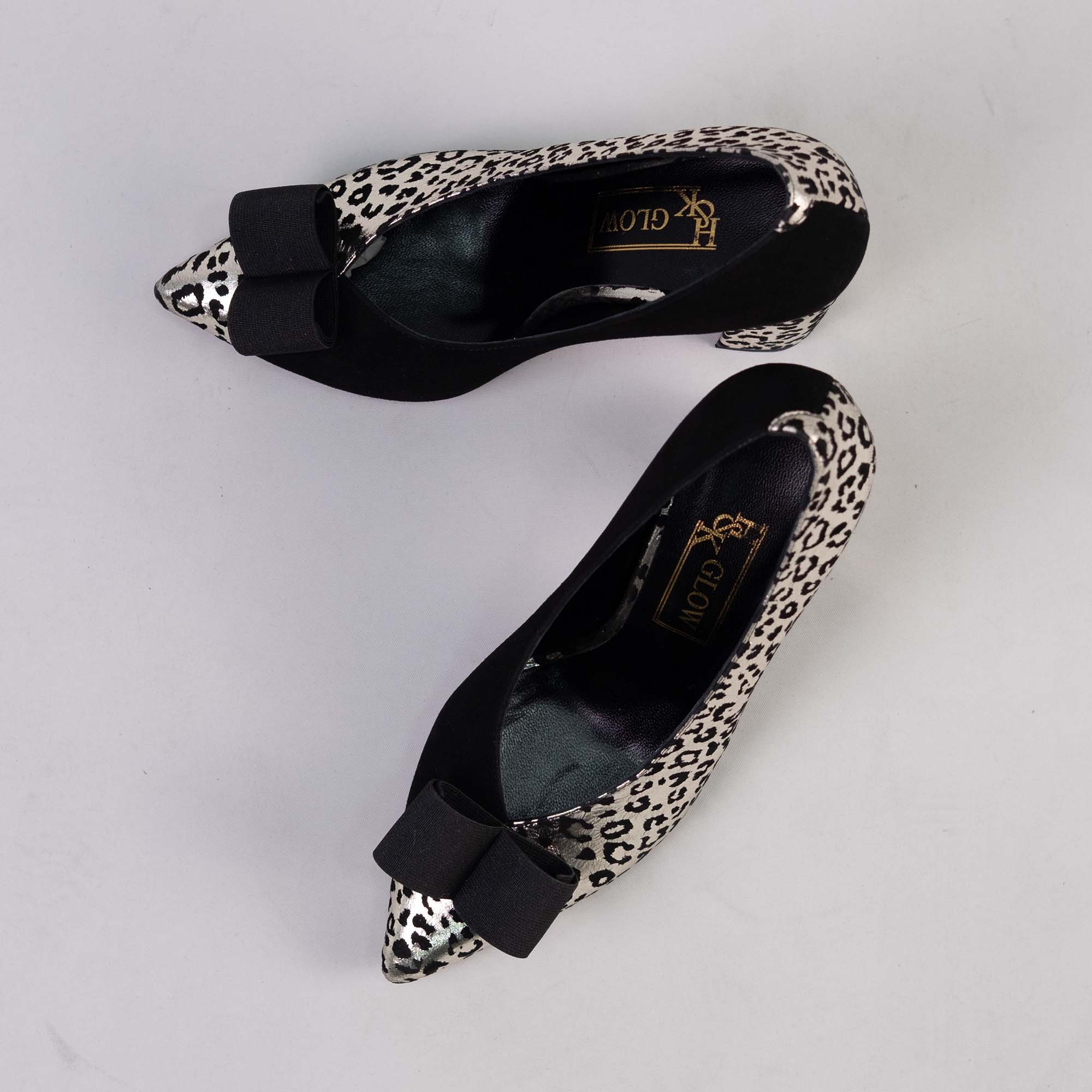 Siyah Süet Gold Leopar Detaylı Stiletto