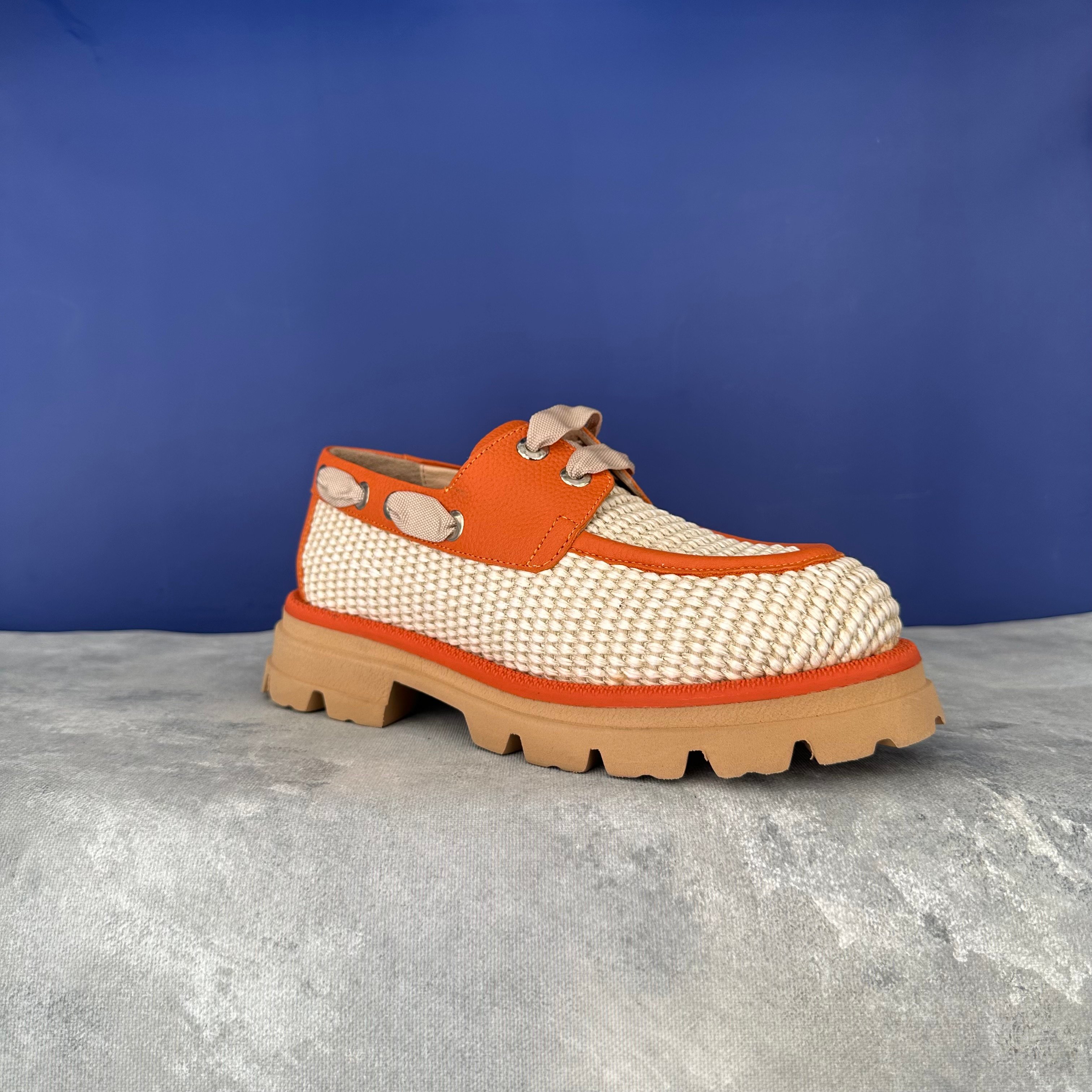 Deri Detaylı Hasır Loafer - Turuncu