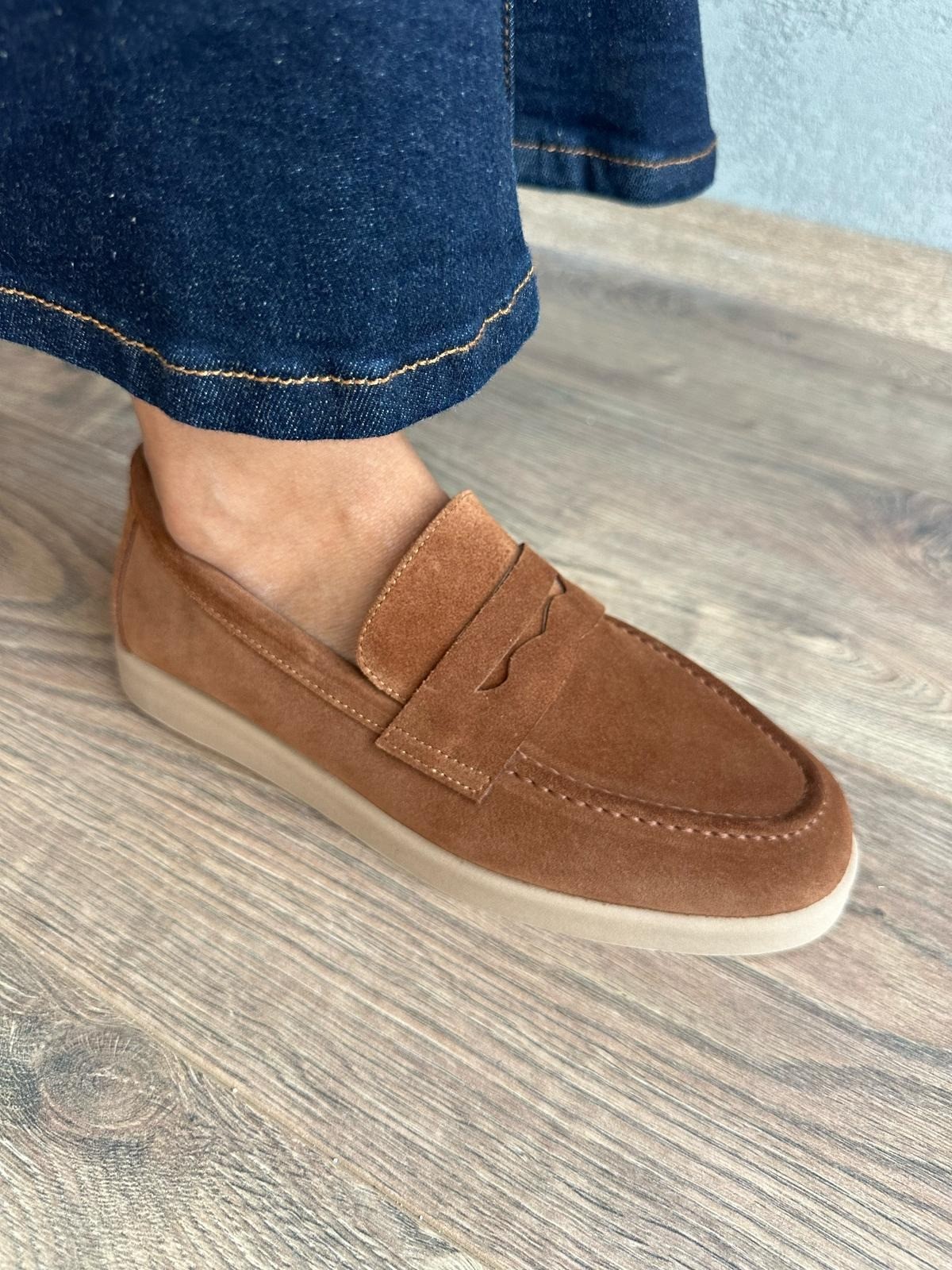 Hakiki Süet Deri Loafer - Taba