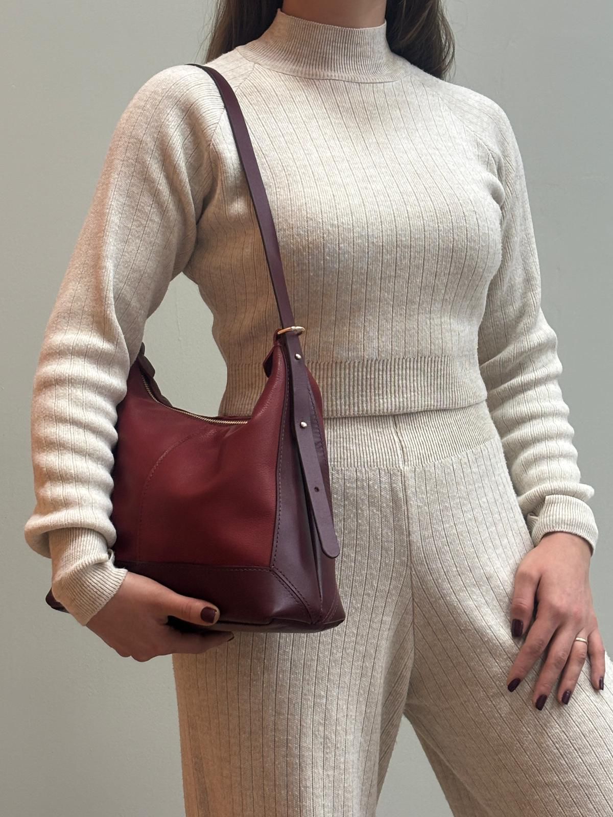 Mini Çantalı Hakiki Deri Çanta - Bordo