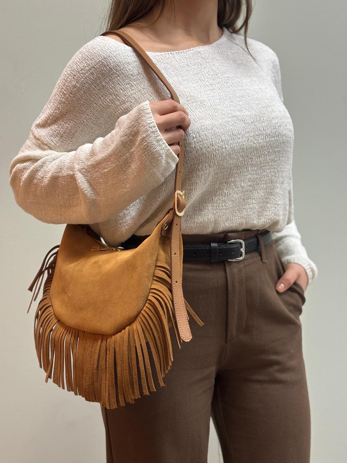 Püskül Detaylı Deri Çanta - Taba