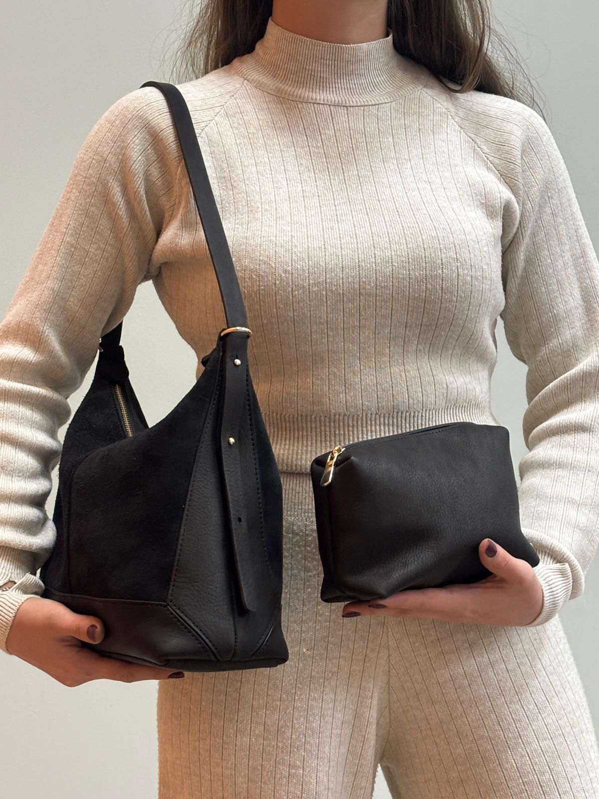 Mini Çantalı Hakiki Deri Çanta - Siyah