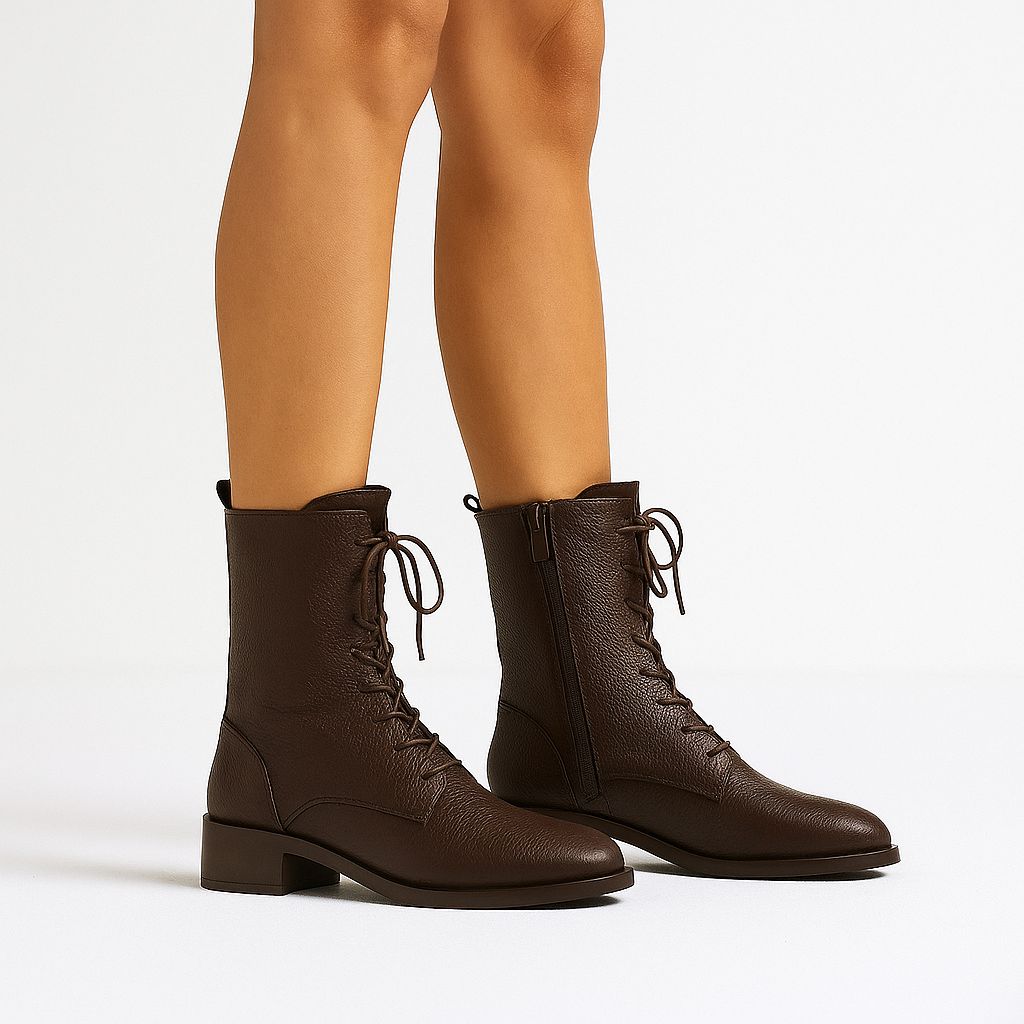 Kasıma Özel Seri - Hakiki Deri Fermuar Detaylı Bağcıklı Bot - Acı Kahve